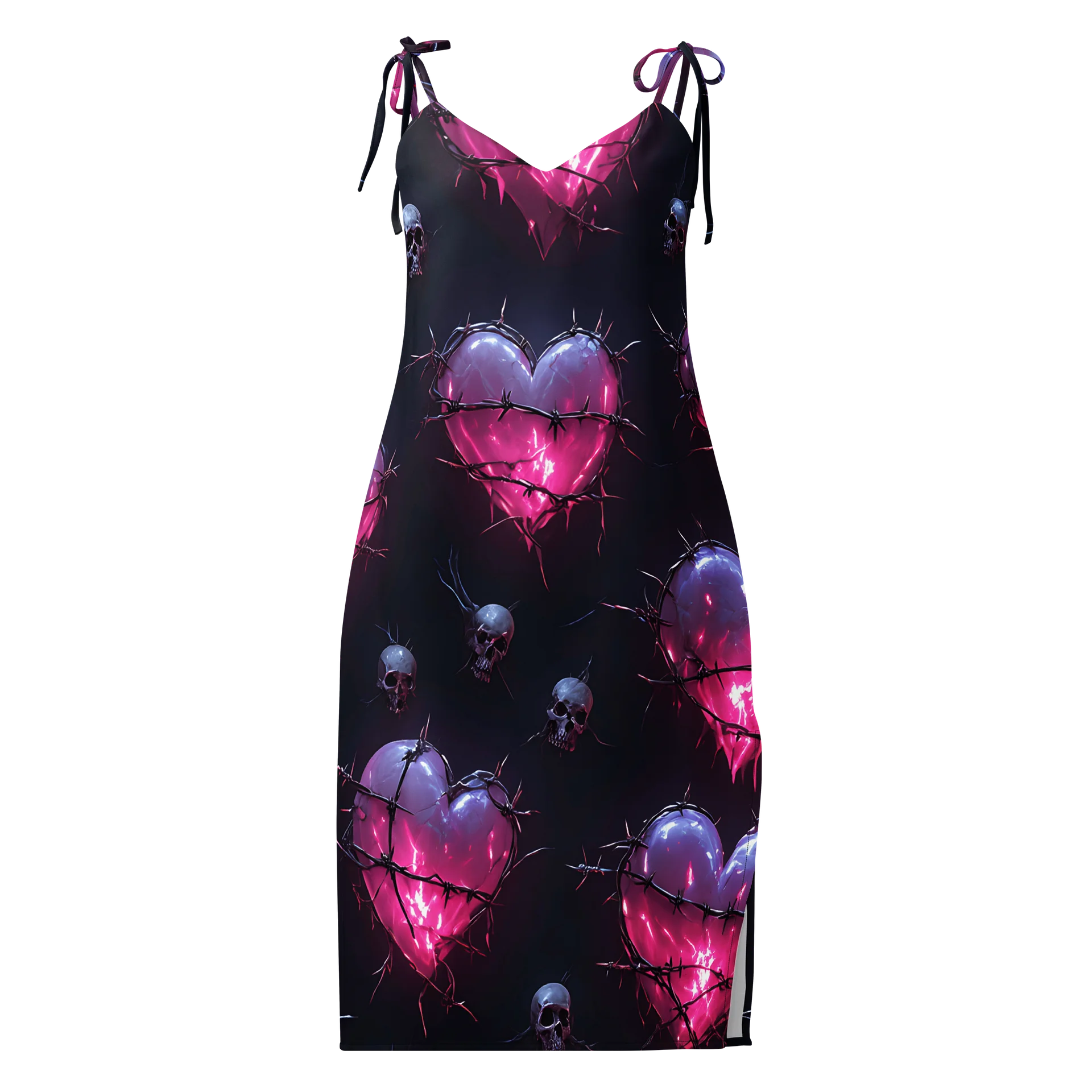 Neon Barbed Heart Skull Midi Slip Dress - Glow Pink Shattered Hearts Chiffon Halter Dress with Slit product image (1)