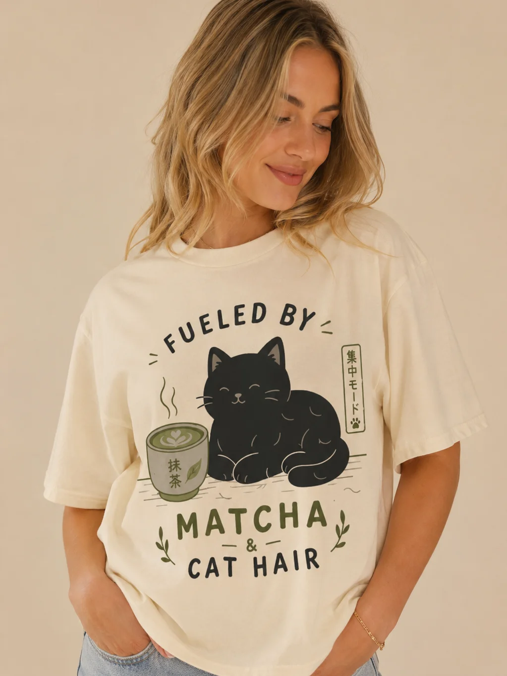 Fueled by Matcha & Cat Hair T-Shirt – Cute Black Cat Matcha Tee for Cat Lovers product image (1)