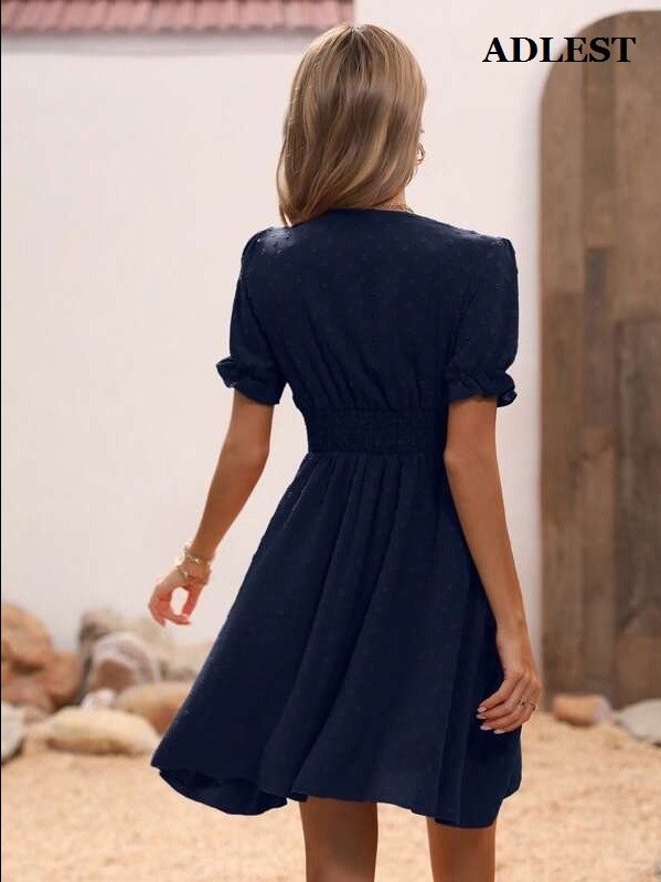 Breezaya Swiss Dot Puff Sleeve Ruffle Detail Shirred Waist A-Line Dress Burgundy Color Women Outfit product image (8)