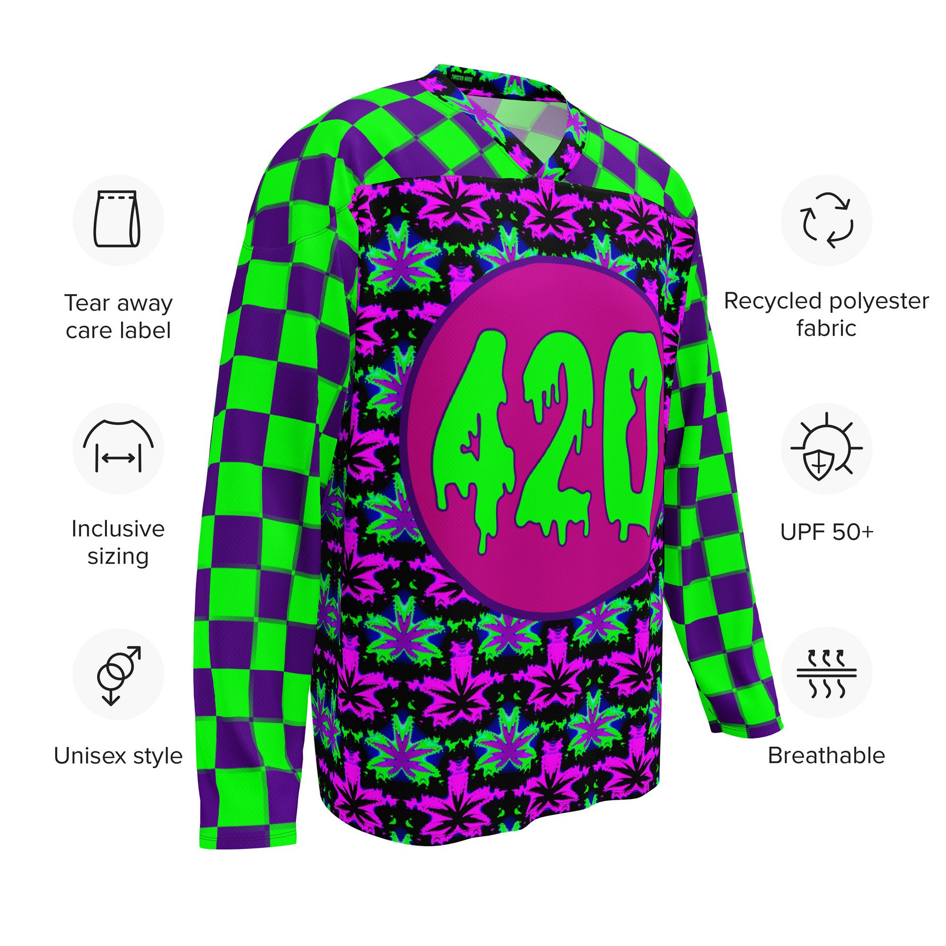 Cannabis Rave 420 Hockey Jersey, Clowncore Checkers Stoner Shirt, Pot Leaf EDM Festival Fashion, Neon Twisted Techno Dance Party Weed Top product image (9)
