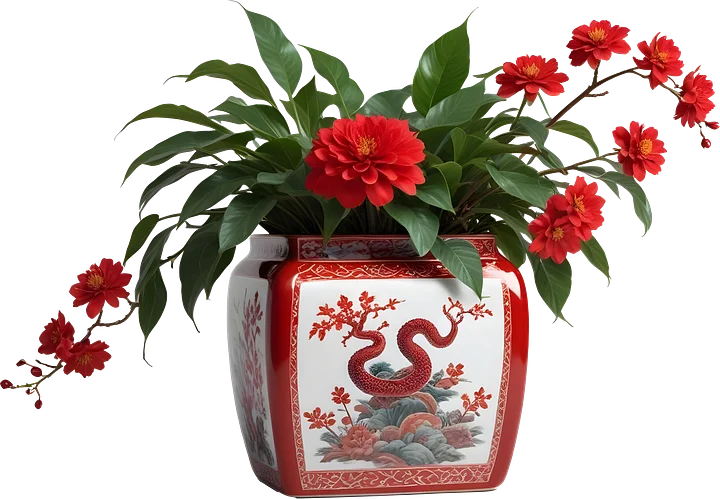 Chinese Red Porcelain Planter – Year of the Serpent Décor PNG product image (1)