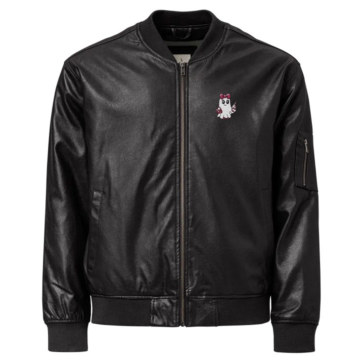 Cute Ghost Embroidered Faux Leather Bomber Jacket product image (1)