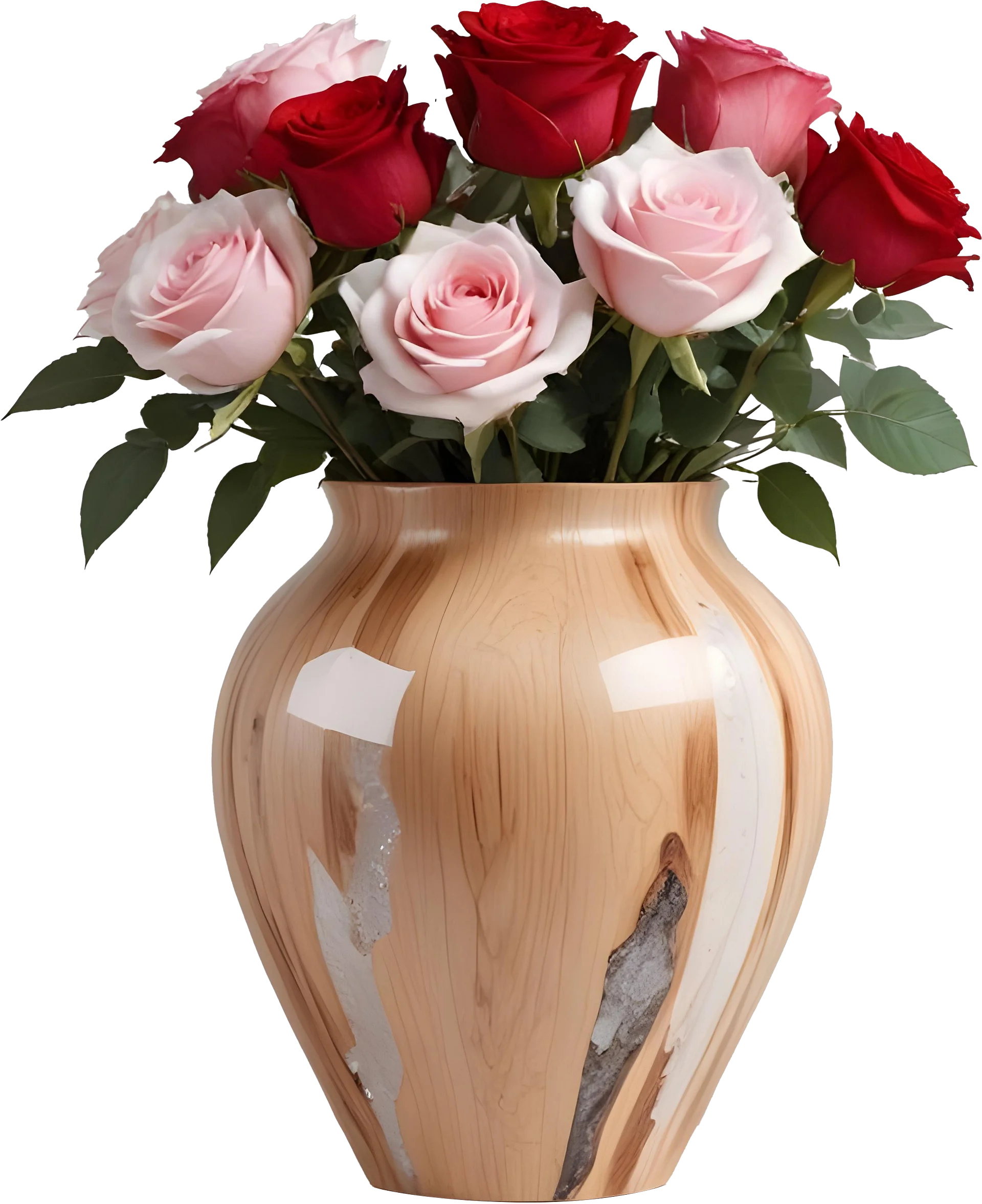 Natural Grace – Polished Wood Vase with Roses PNG product image (1)