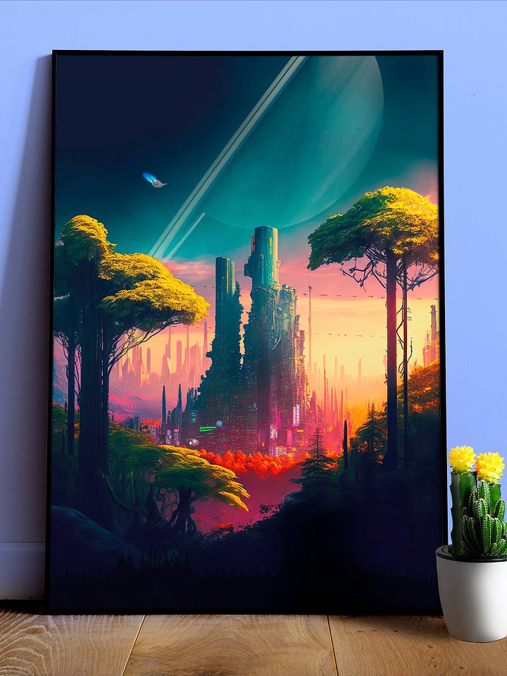 Neon cyberpunk city in a forest in orbit around Saturn (Star Wars/Blade Runner style) — surreal space collage art, futuristic sci-fi collage product image (1)