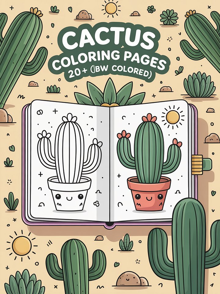 Cute Cactus Coloring Pages | 25+ Desert Plant Designs | Black & White + Colored Reference Pack product image (1)