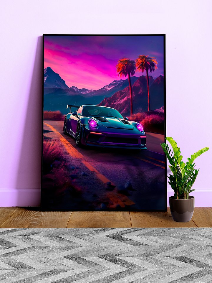 Synthwave aesthetic sport car Porsche with palms [synthwave/vaporwave/cyberpunk] — aesthetic art print product image (1)