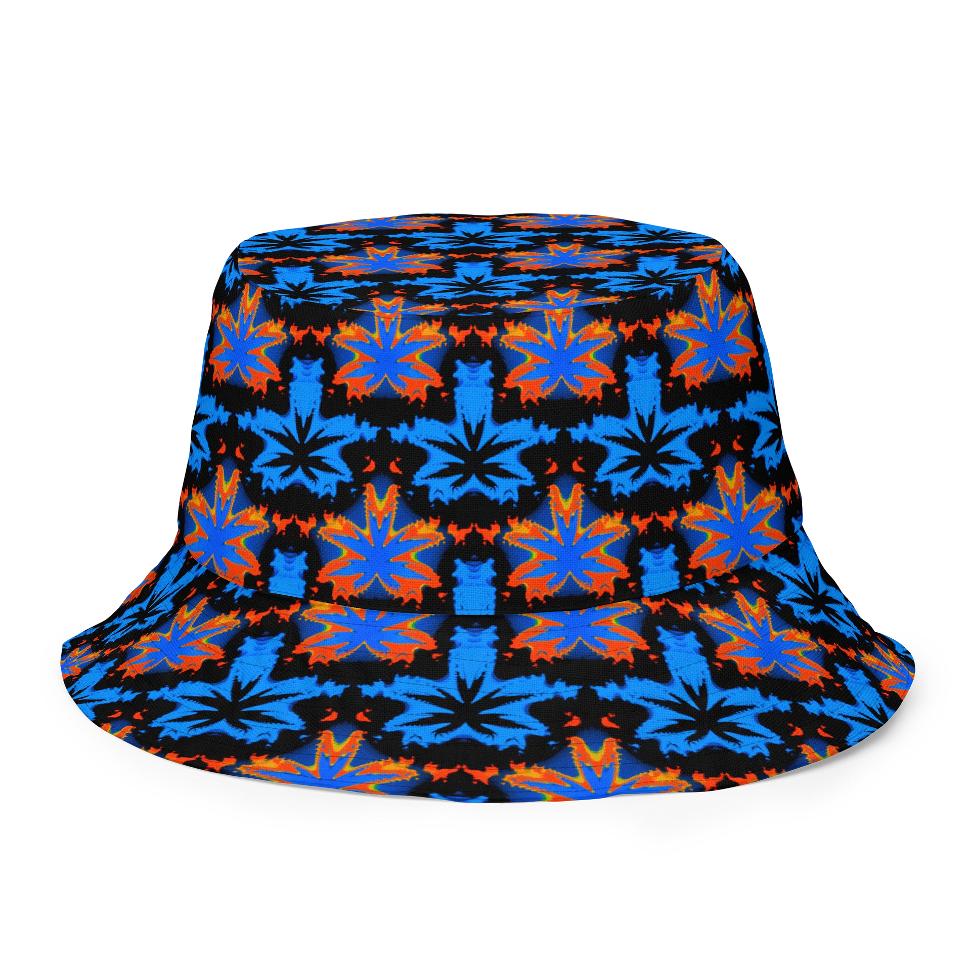 Checkers Cannabis Art Bucket Hat, Stoner Retro Rave Accessory, Pot Leaf 420 Festival Fashion, Blue Orange Black Twisted Weed Alt EDM Style product image (1)