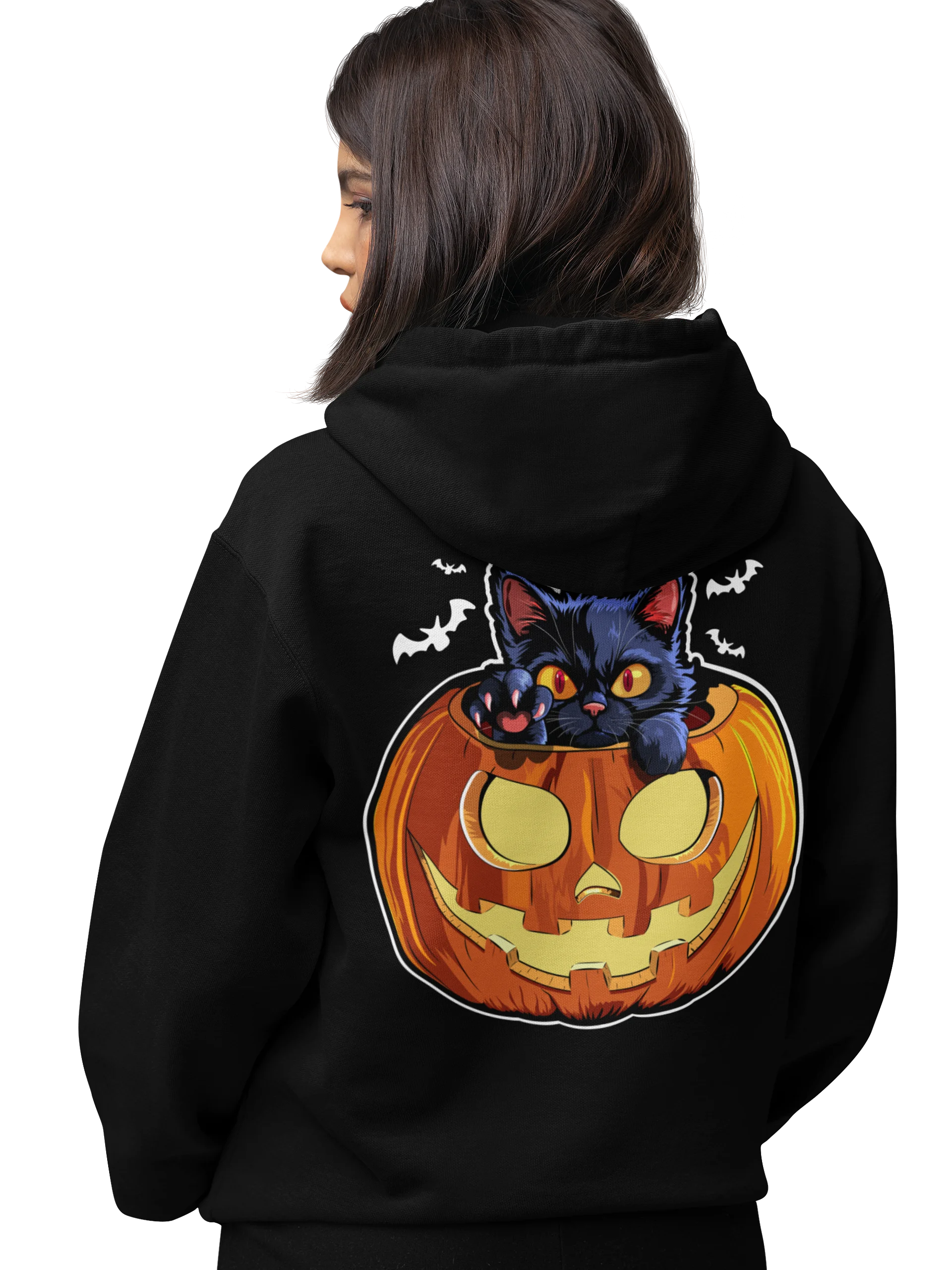 Black Cat in Pumpkin Graphic– Back Print Halloween Hoodie for Cat Lovers product image (2)