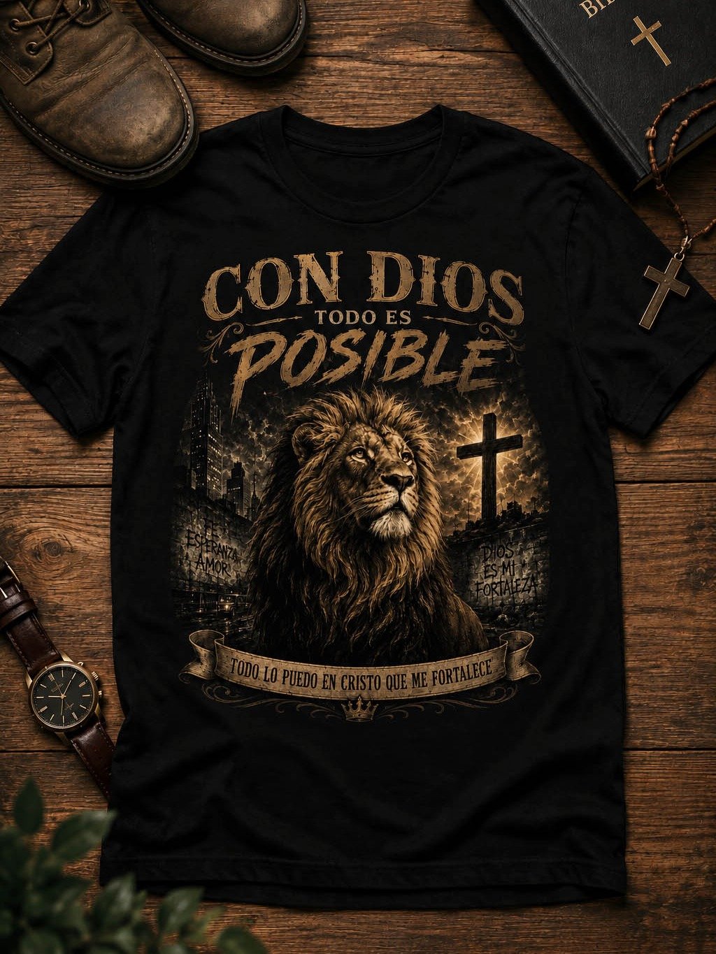 Con Dios Todo Es Posible – Camiseta Cristiana con León de Fe para Hombre product image (1)