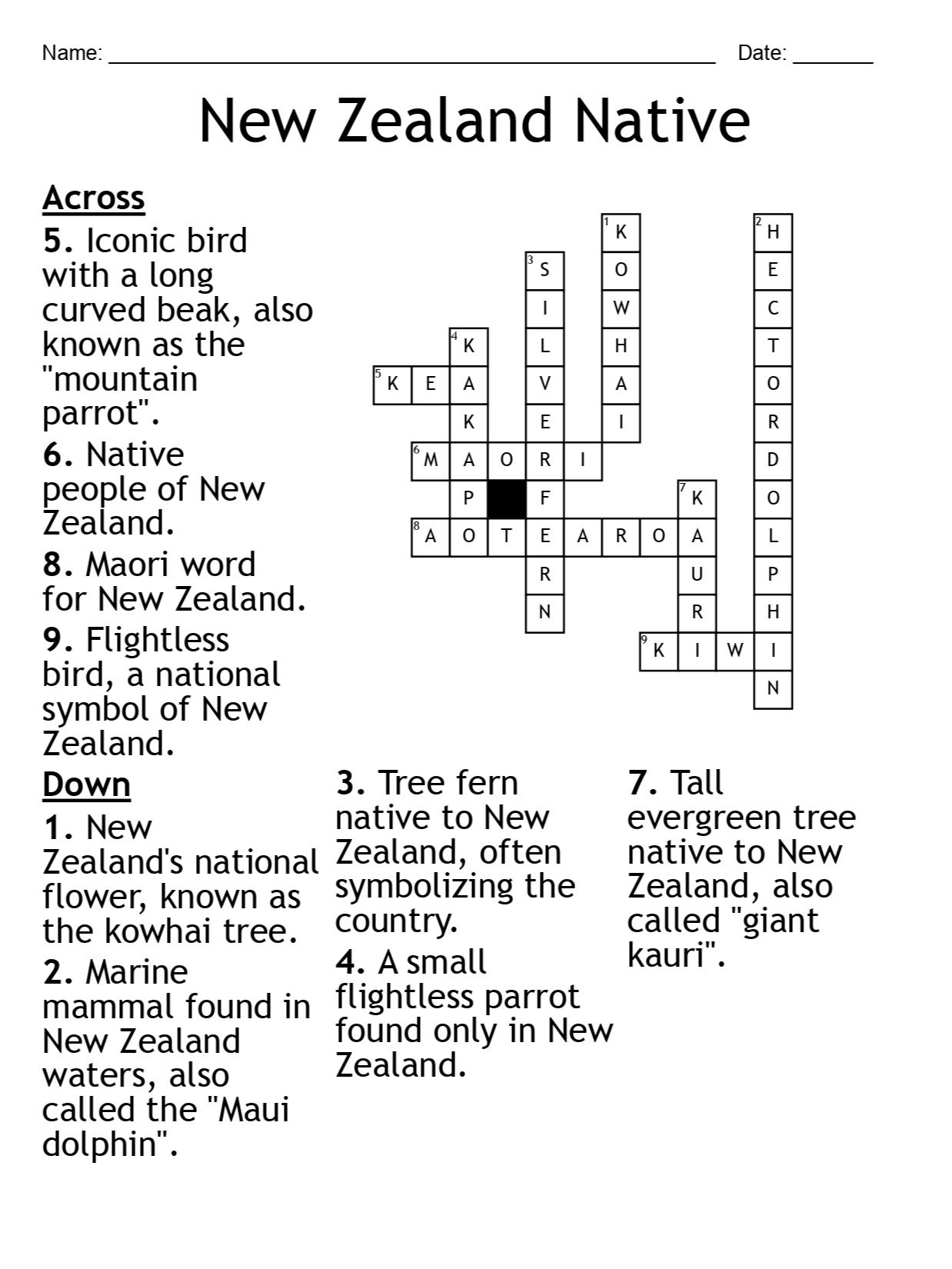 New Zealand Native Crossword Puzzle: Fun and Educational Geography Activity product image (2)