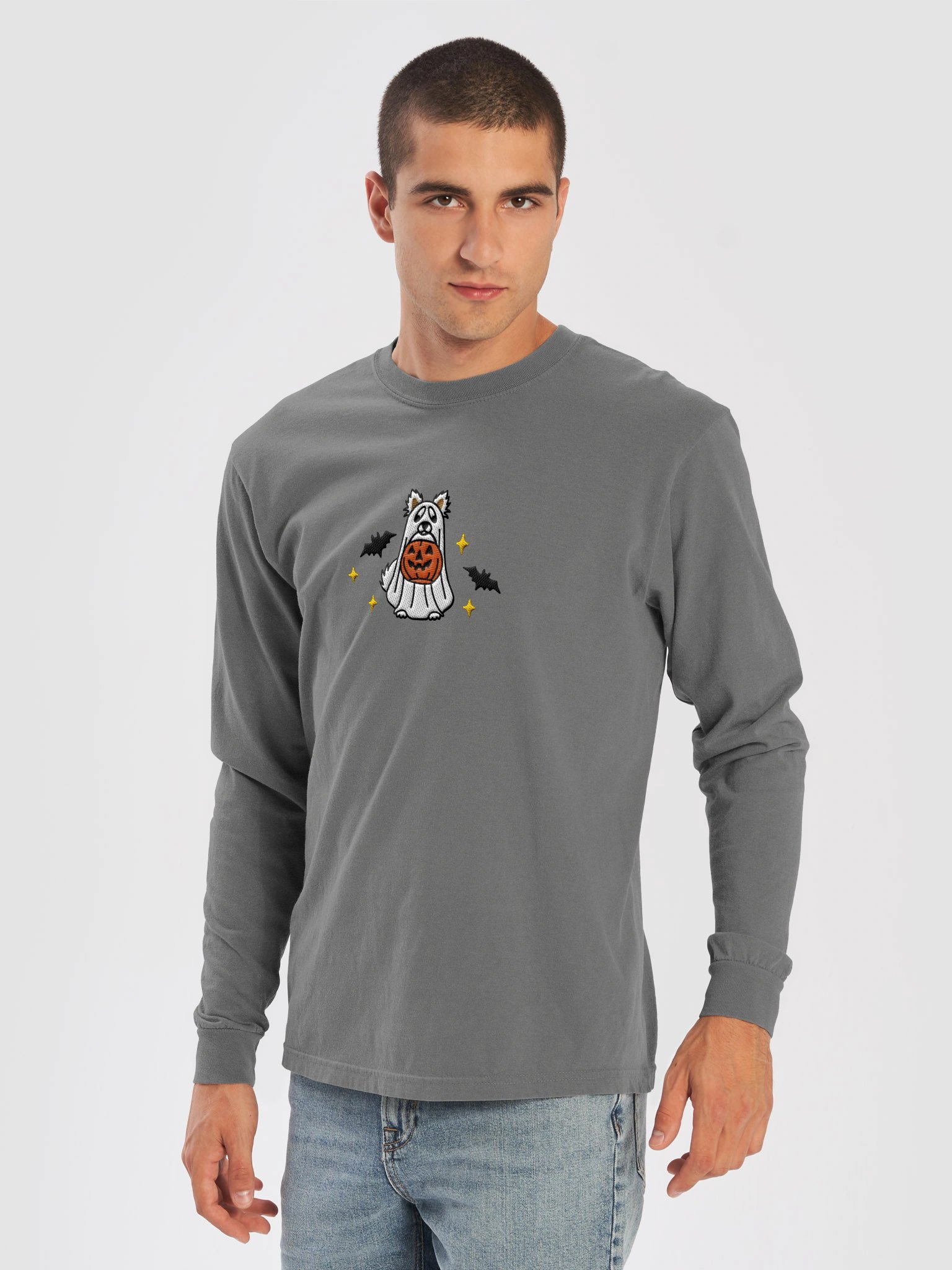 Halloween Pomeranian(White) Embroidered Long-Sleeve T-Shirt product image (13)