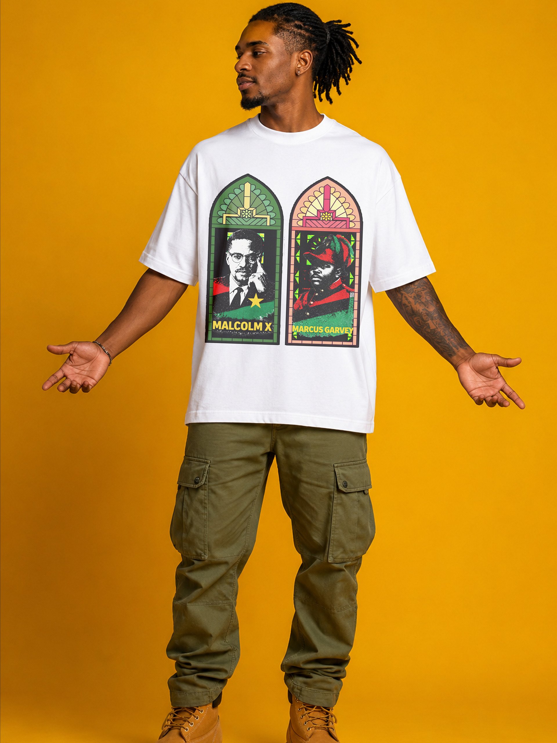 Malcolm X & Marcus Garvey Stained Glass Tee – Pan-African Cathedral Art | Black History Civil Rights T-Shirt product image (2)