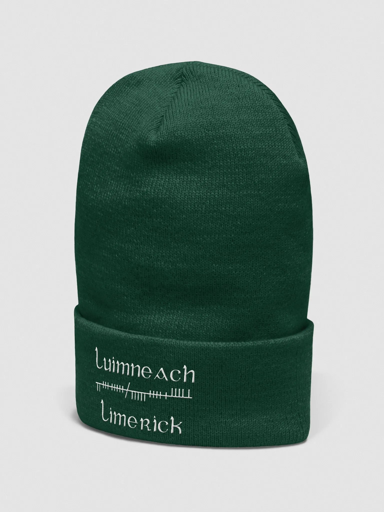 Limerick/Luimneach Orthodox Ogham, green with white, embroidered Cuffed Beanie product image (2)