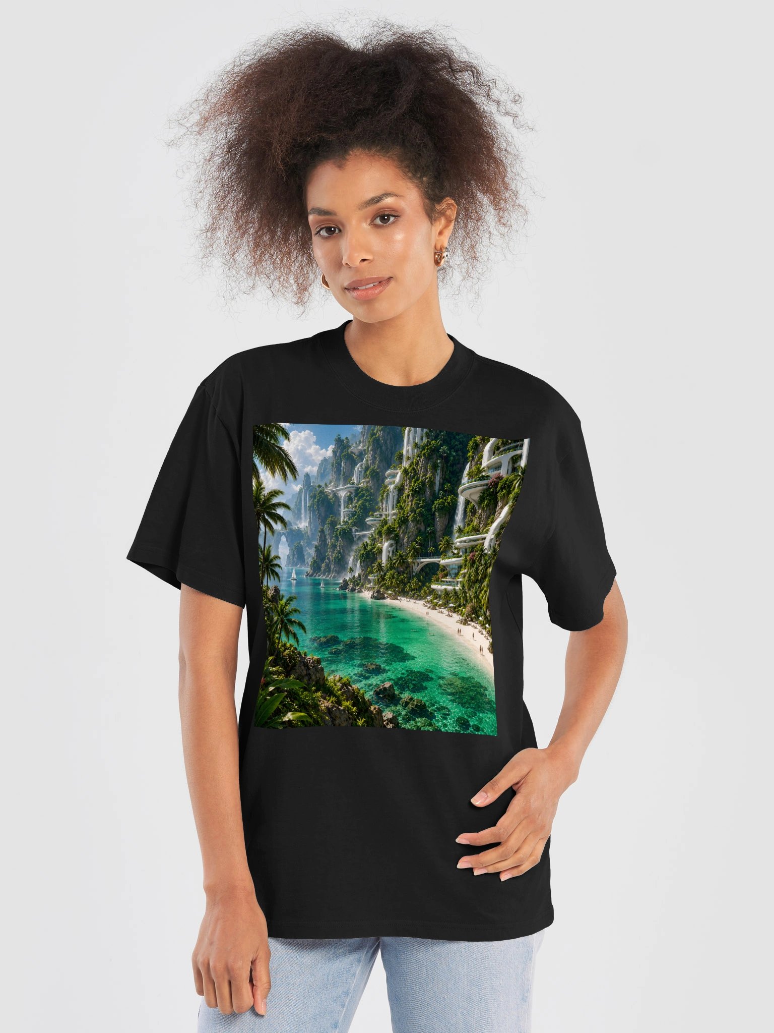 Emerald Tropical Paradise T-Shirt | Futuristic Beach & Ocean Art | Unisex Oversized Tee product image (6)