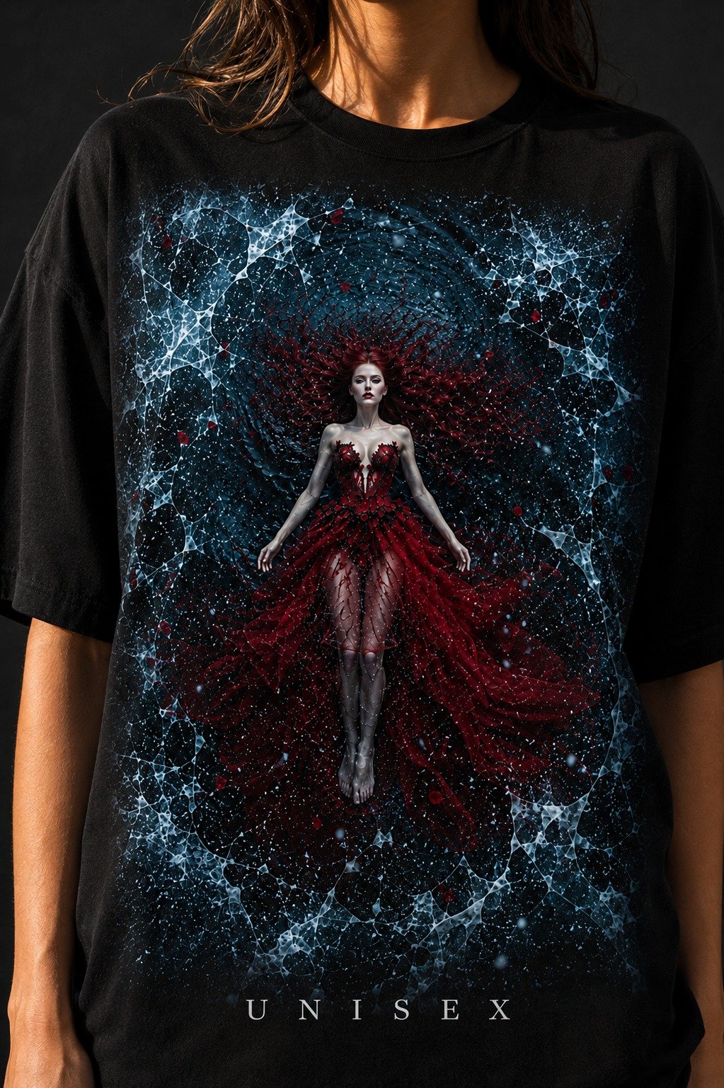 Gothic Red Goddess Oversized T-Shirt | Dark Fantasy Art Shirt | Ethereal Woman Black Graphic Tee product image (1)