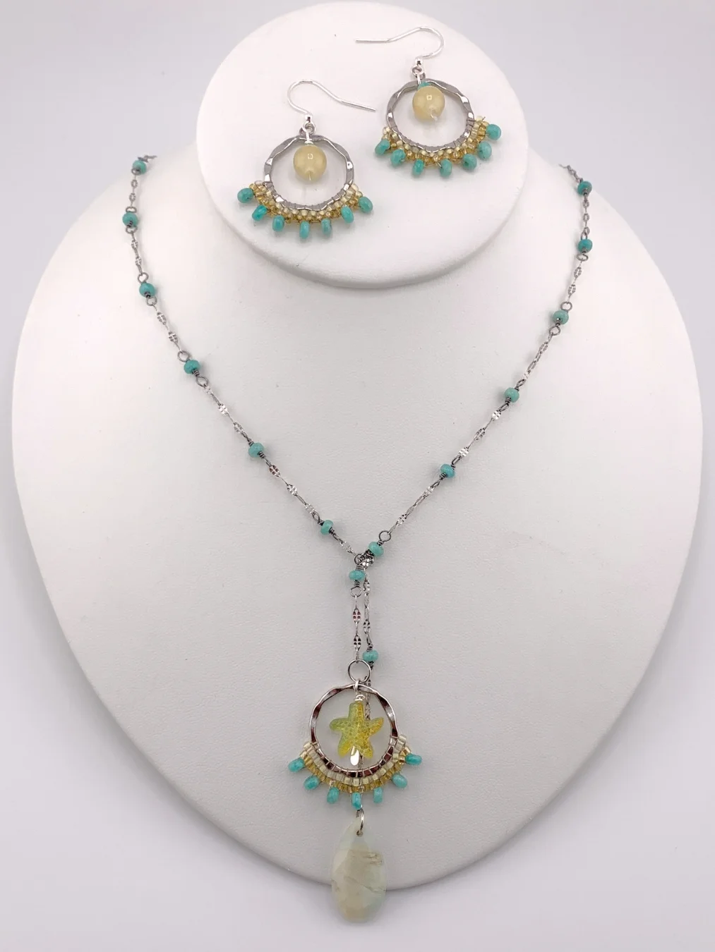 Beachy Lariat Style Silver and Aqua Beaded Necklace, Earrings, and Bracelet Set product image (6)