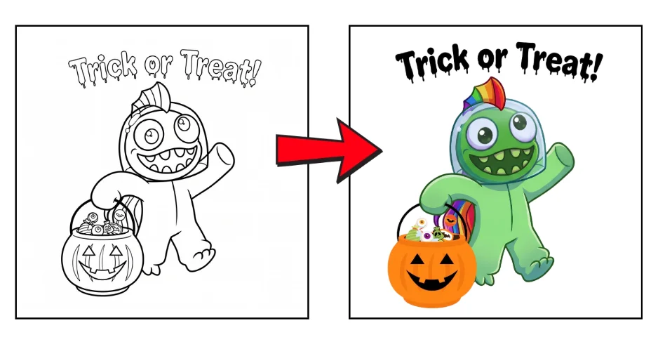 Green Girl Trick or Treat Coloring page -Free Printable product image (1)