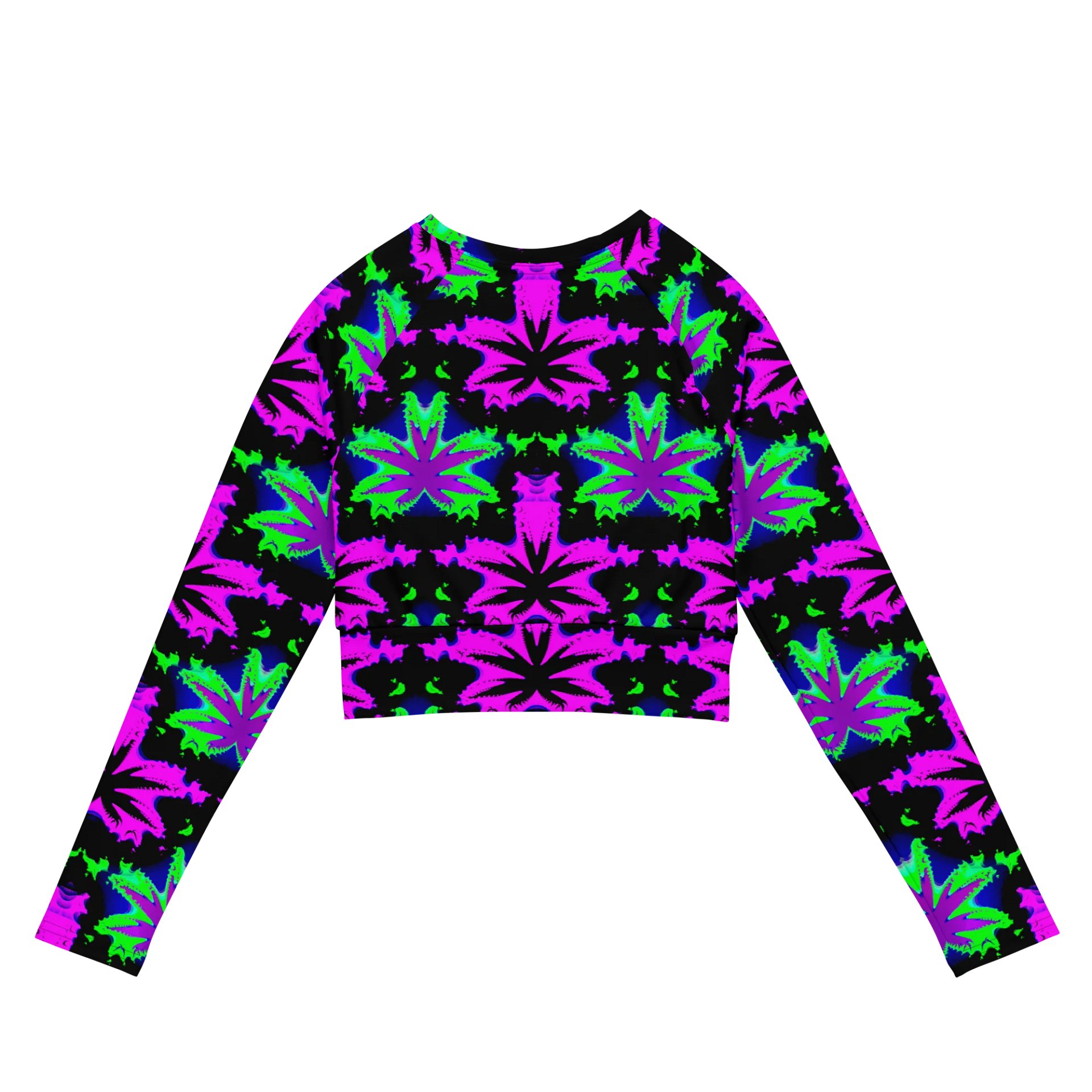 Neon Raver Reefer Stoner Summer Recycled Long-Sleeve Crop Top, Black Hot Pink Green Ganja Weed Shirt, 420 Cannabis Festival Pot Leaf Fashion product image (3)
