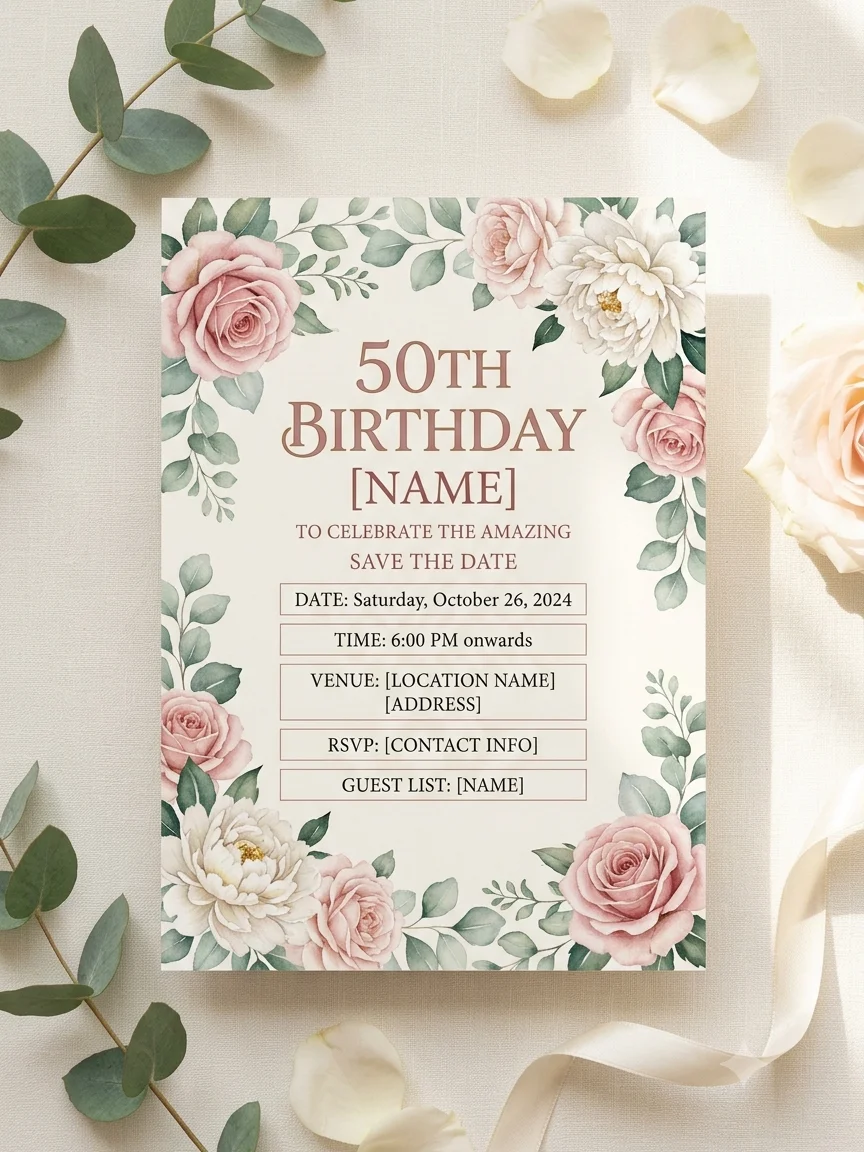 Floral 50th Birthday Invitation Template, Editable Milestone Invite, Printable Garden Party, Canva Instant Download Digital product image (1)