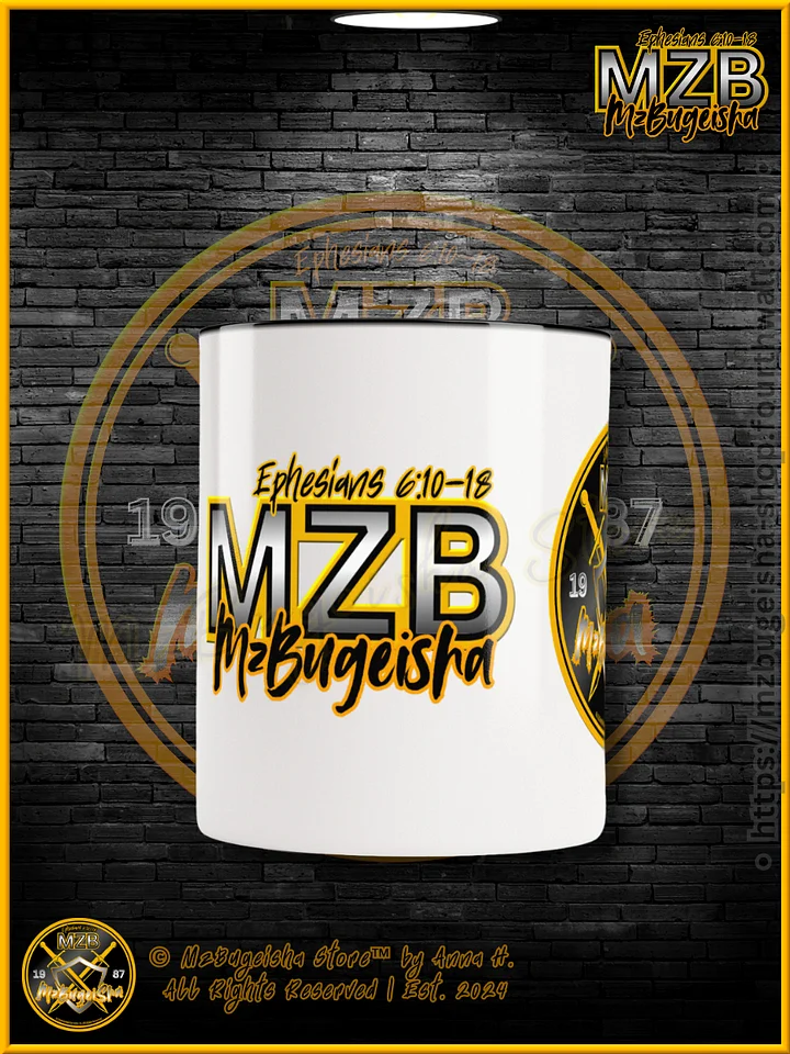 Mug - MzBugeisha™ "Emblem & MZB Tingz™ / MzBugeisha Name Logo [V2] (blk/yellow/slvr)" Hot Beverage Mug with color inside by Anna H. product image (2)