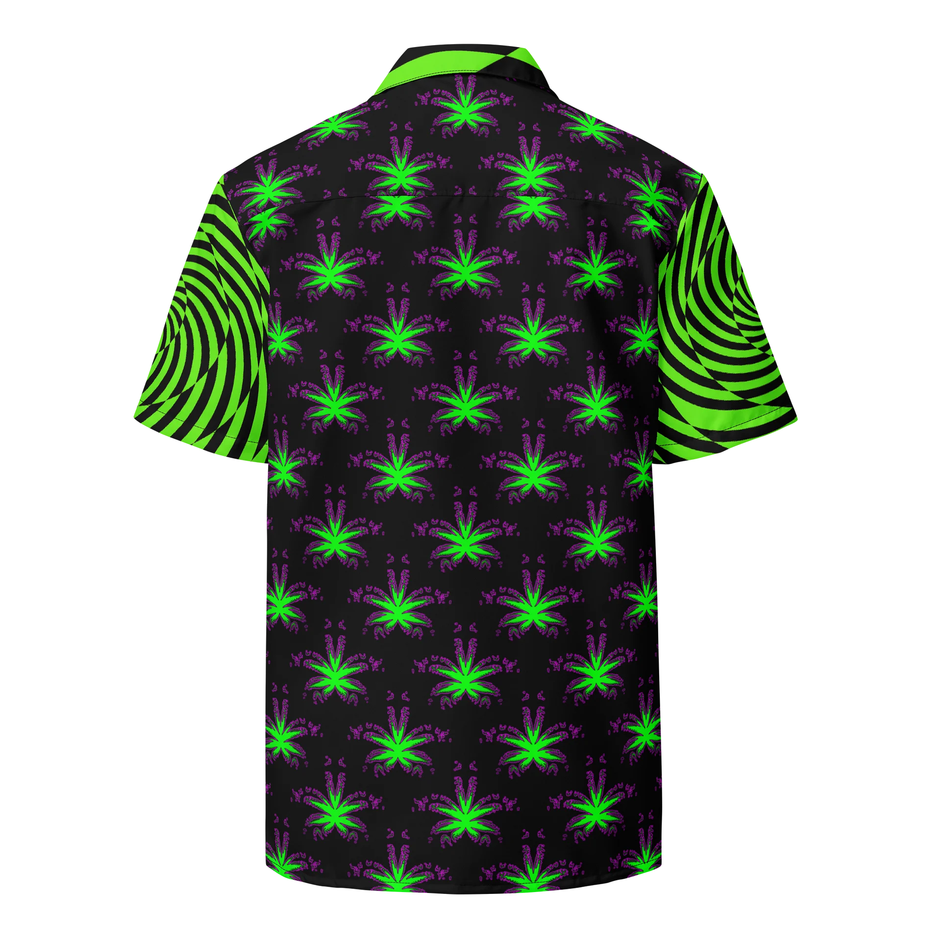 Retro Raver Stoner Button Shirt, Psychedelic Spiral Cannabis Clothes, Trippy Pot Leaf Art 420 Top, Black Neon Green Weird Weed EDM Rave Wear product image (3)