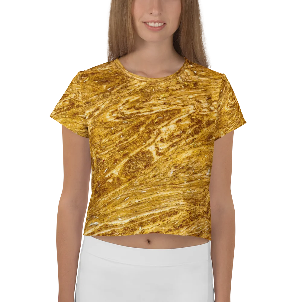 Golden Strata: Women’s Earthy Swirl Marble Pattern Crop Top | Full Print Golden Ochre Short Sleeve Crop Tee | Tiger Eye Boho Streetwear product image (1)