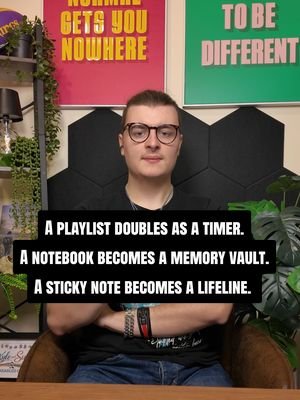 A playlist doubles as a timer. A notebook becomes a memory vault. A sticky note becomes a lifeline.  #adhd #neurodivergent #reminder #timer #playlist 