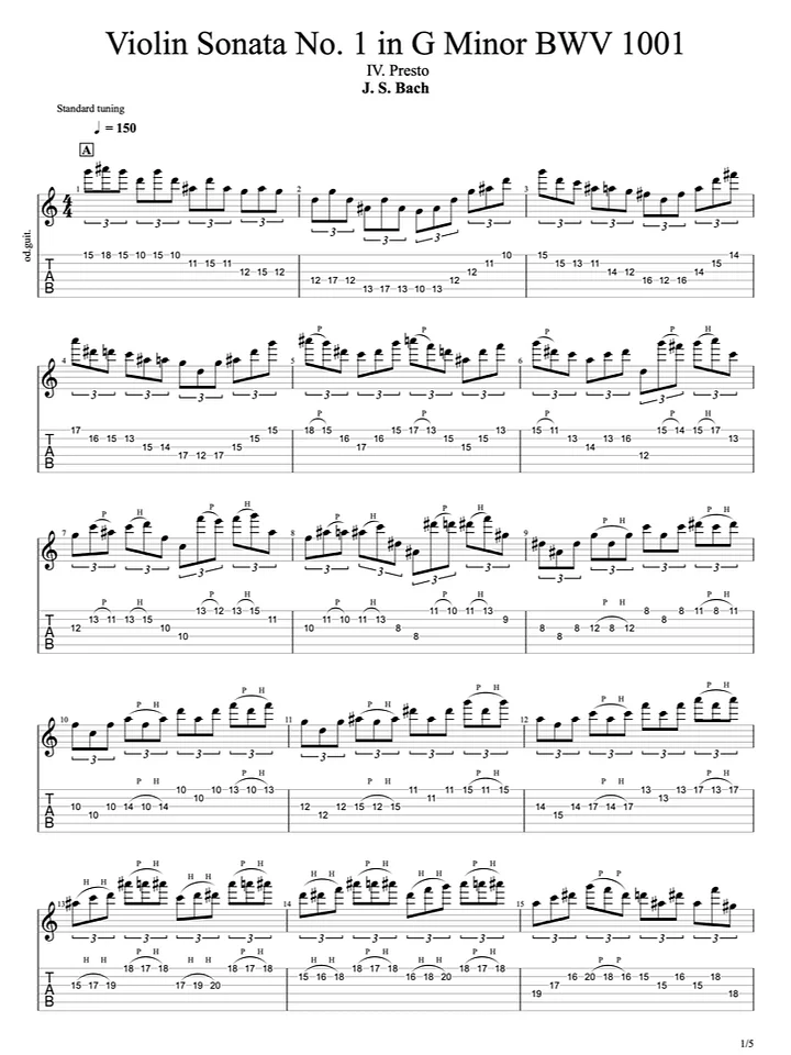 Sonata No. 1 in G Minor, BWV 1001 - 4. Presto (guitar tab) product image (1)