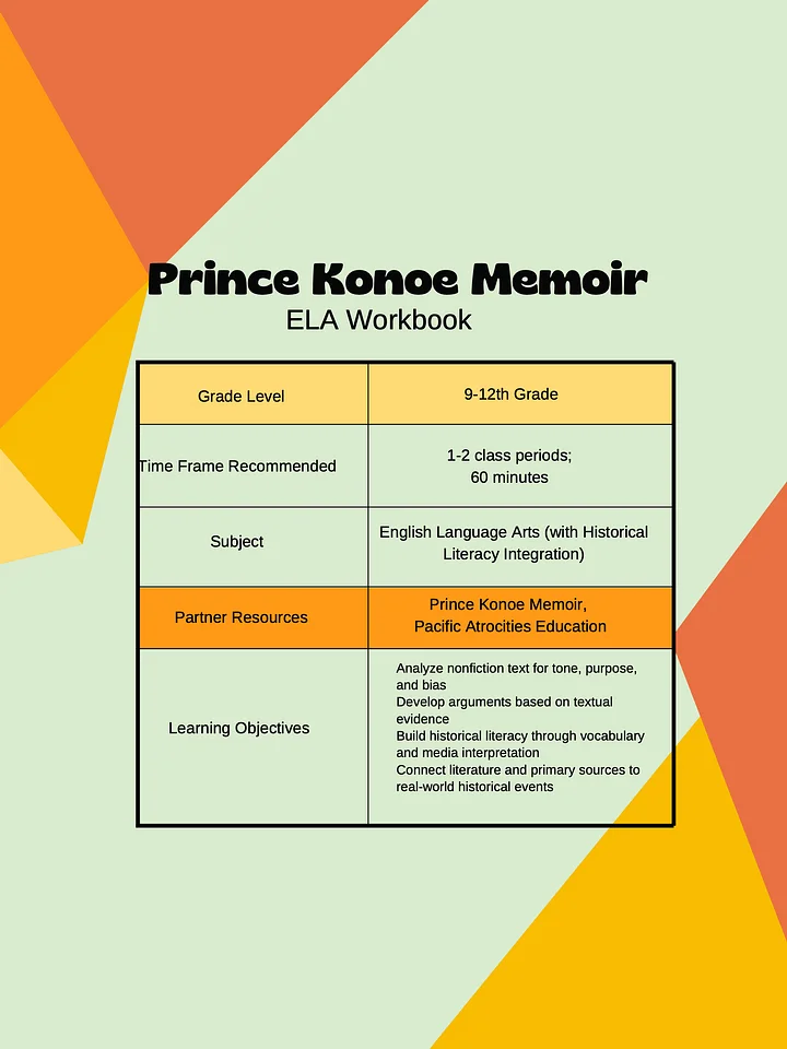 Prince Konoe Memoir ELA Workbook product image (1)