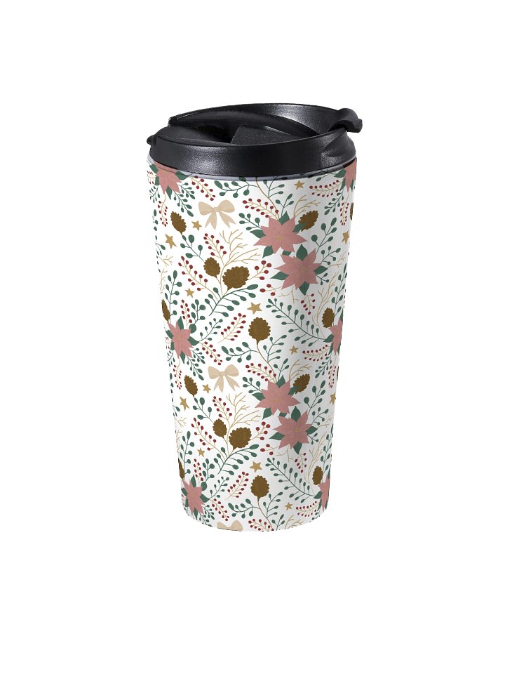 Stainless steel travel mug enchanted forest blooms. Botanical Christmas travel mug with poinsettias and winter florals product image (2)