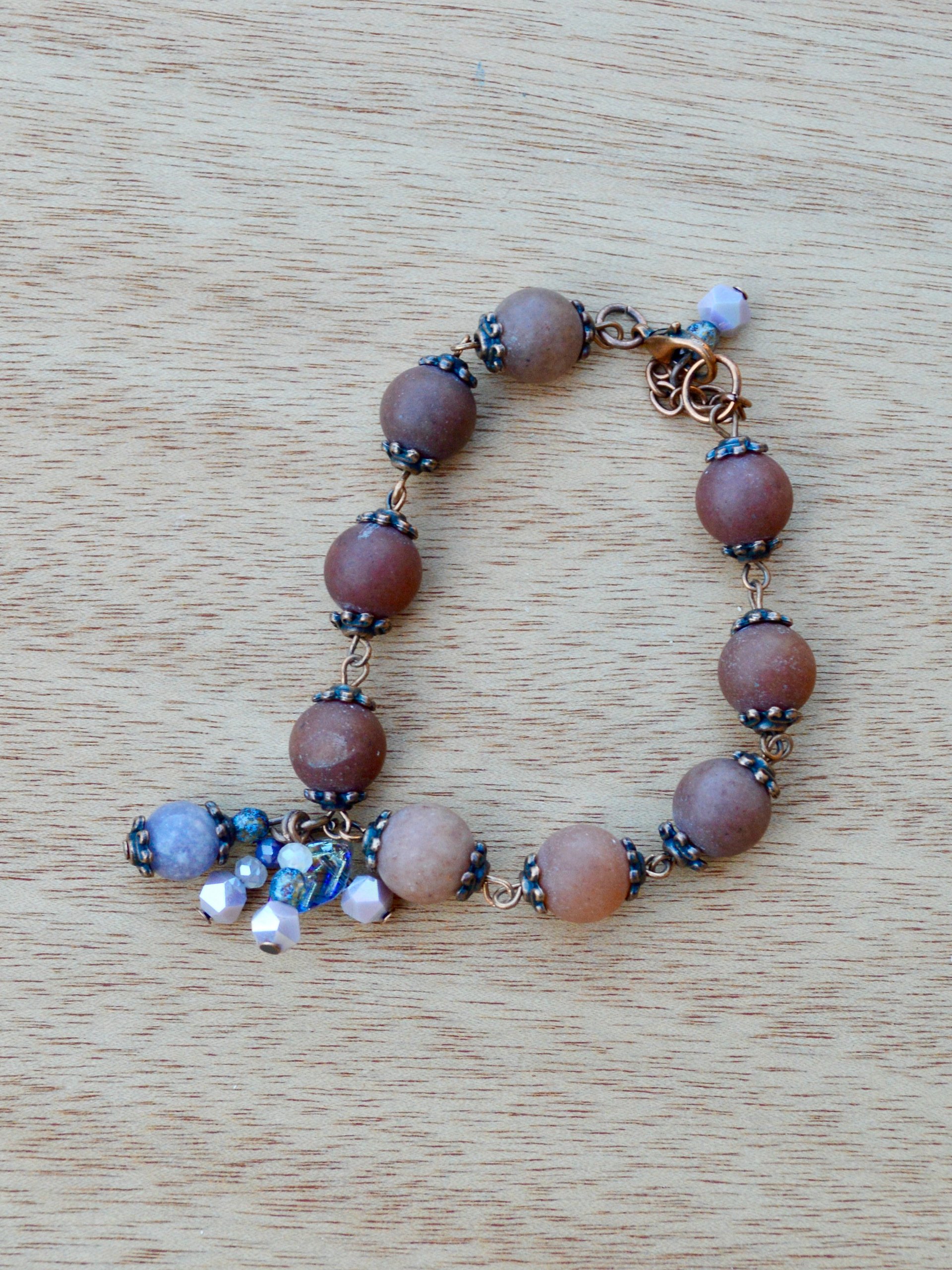 Matte Earthy Brown Agate Gemstone Beaded Bracelet With Purple Crystals product image (1)