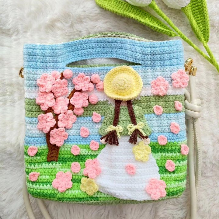 Spring Sakura Crochet Bag Pattern 🌸 | Whimsical Girl Under Cherry Blossoms PDF Tutorial (Instant Download) product image (1)