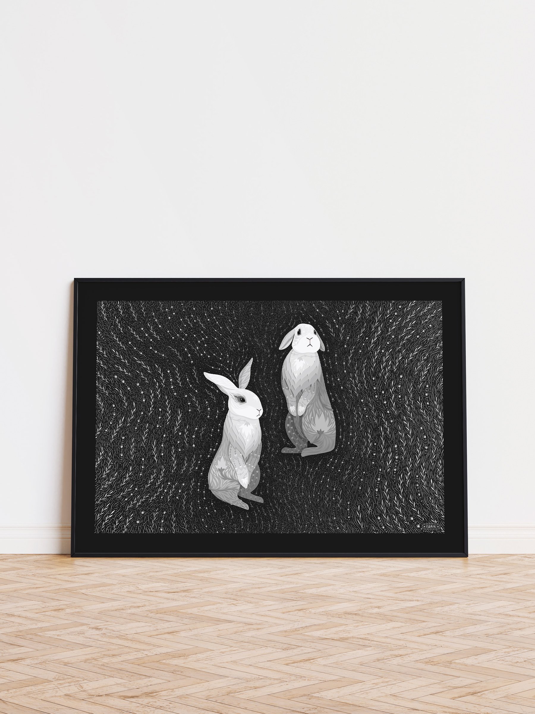 Two Whimsical White Rabbits Art Print product image (1)