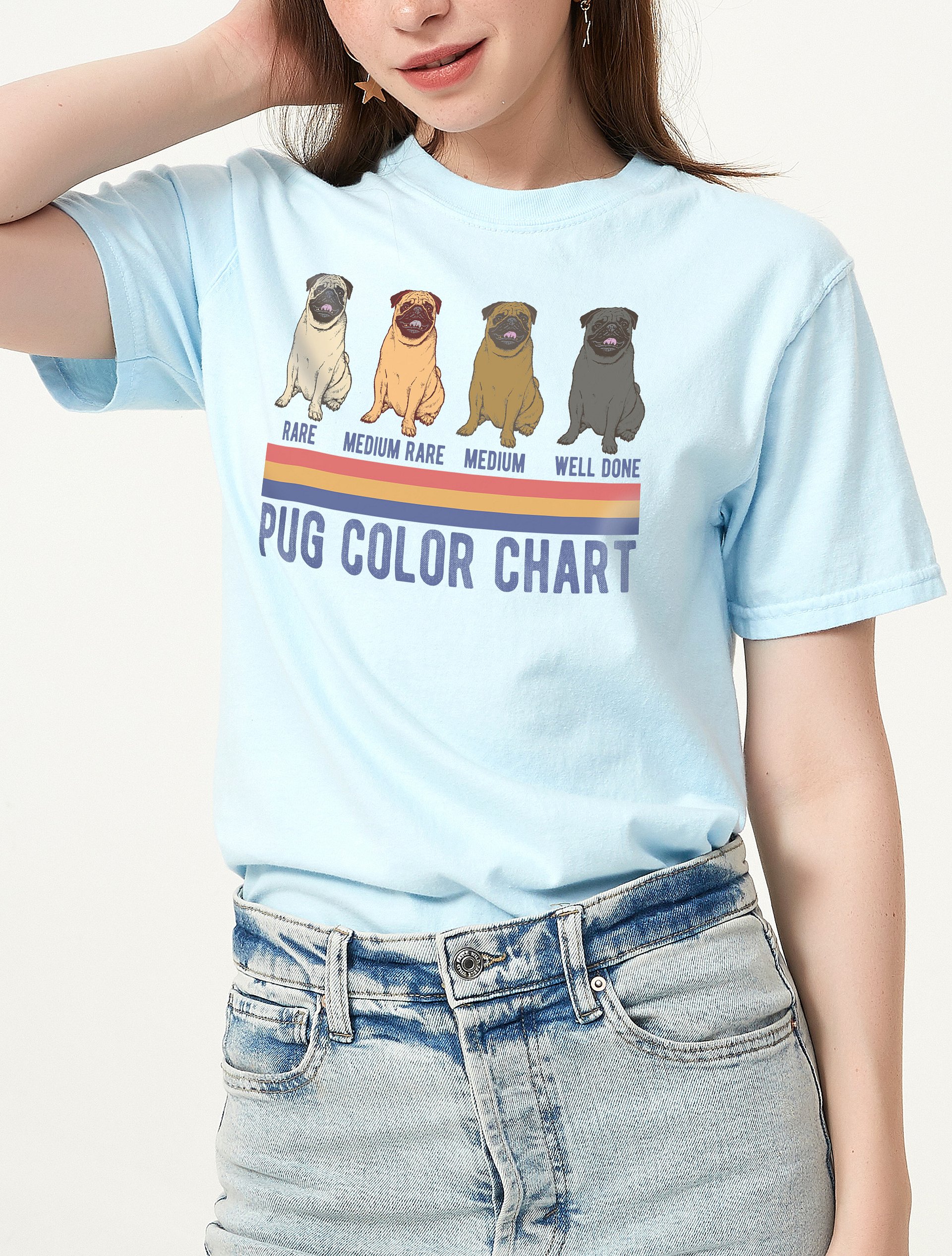Pug Color Chart T-Shirt | Funny Retro-Style Pug Color Types Using Steak Colors for Reference Shirt product image (2)