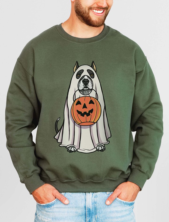 Funny Halloween Pitbull Terrier(Cropped Ears, Black) Sweatshirt | Funny Pittie Wearing a Ghost Costume and Holding a Pumpkin Basket product image (2)