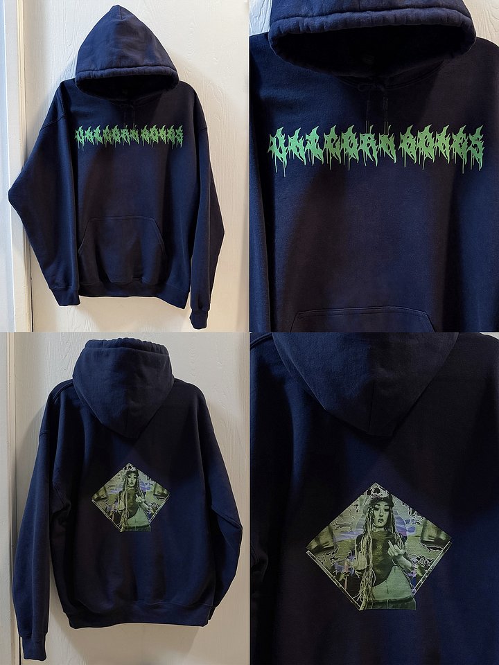 "UNICORN BONES” Green Metal Font w/ Body Graphic, Navy Drawstring Hoodie (Original Design) product image (1)