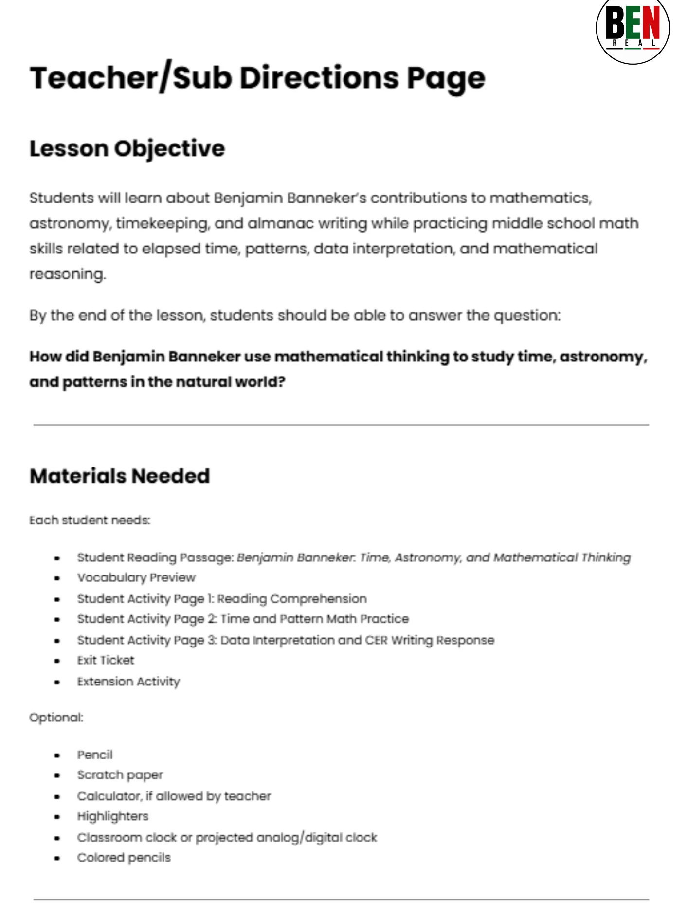 Black History 365 Sub Plan: Benjamin Banneker: Time, Astronomy, And Mathematical Thinking | Middle School Math | 60-Minute Lesson product image (4)