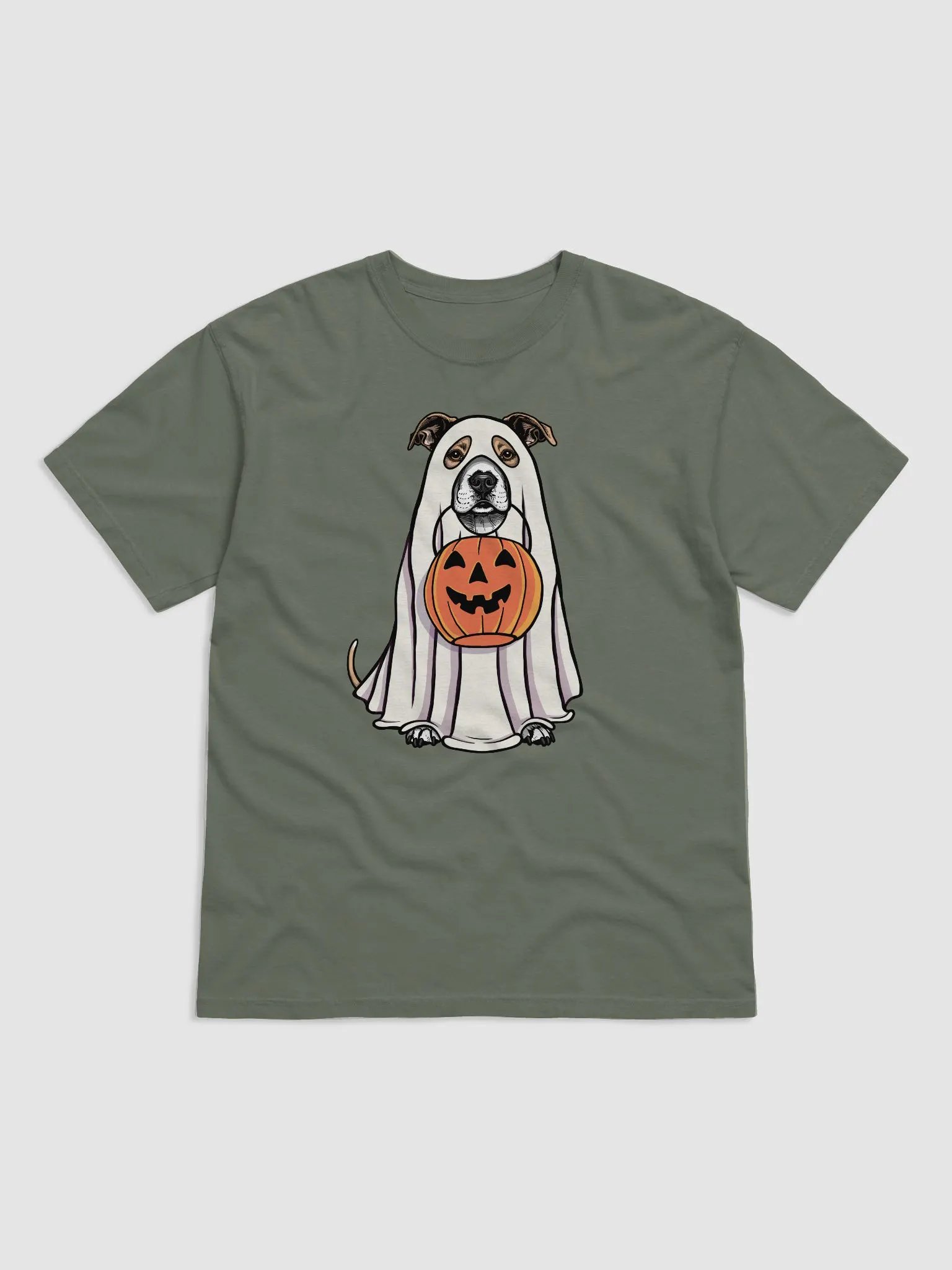 Funny Halloween Staffordshire Terrier(Fawn) T-Shirt | Funny Staffy Wearing a Ghost Costume and Holding a Pumpkin Basket product image (1)