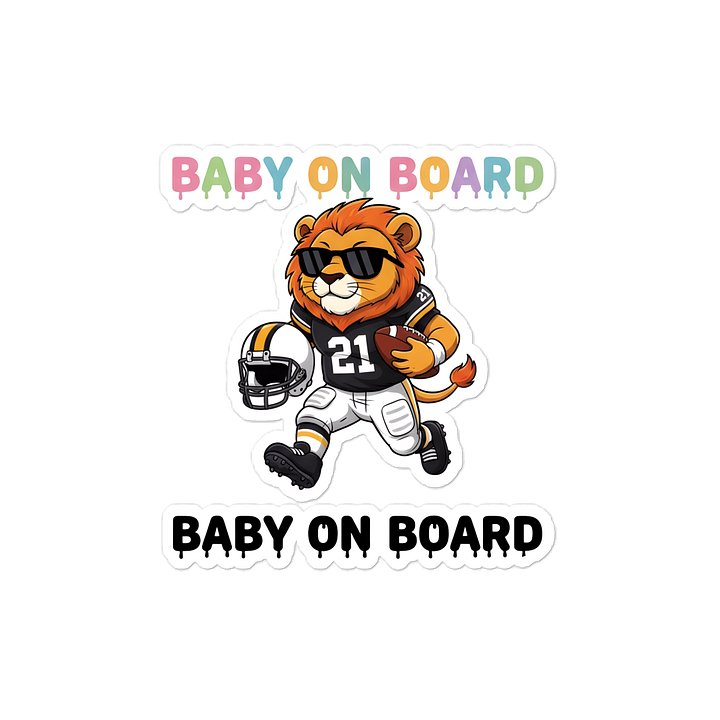 Funny Lion Football Baby on Board Sticker - 5x5 Weatherproof Vinyl Car Decal - Cute Sporty Lion Tailgate Decor - Premium Outdoor Grade Safety Sign for SUVs & Jeeps product image (1)