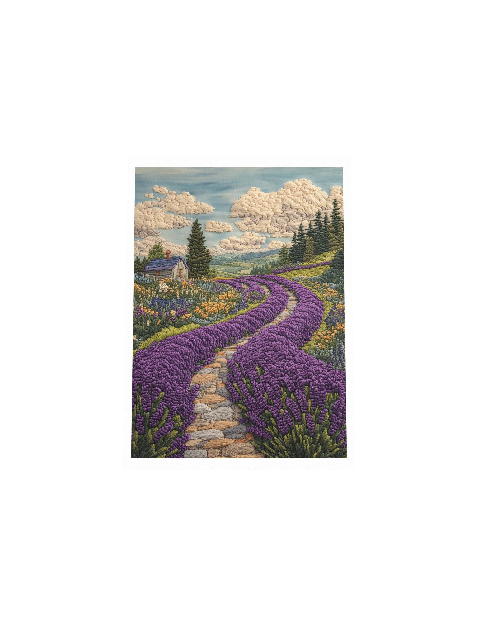 A Lavender Walk in Provence | Embroidery-Style Wall Art — Unframed Print product image (4)
