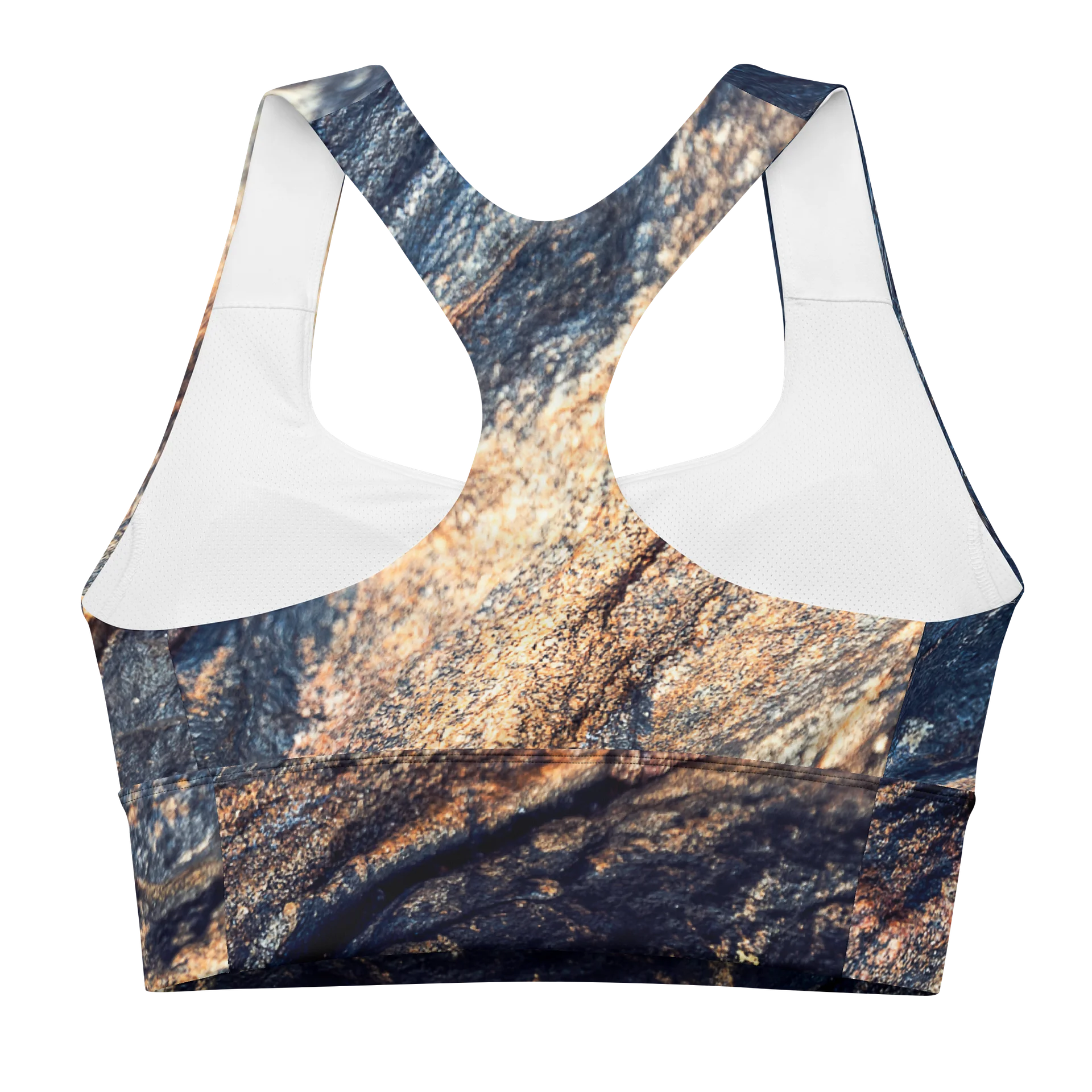 Obsidian Vein: Eco-Friendly All-Over Print Dark Slate & Gold Longline Sports Bra product image (2)