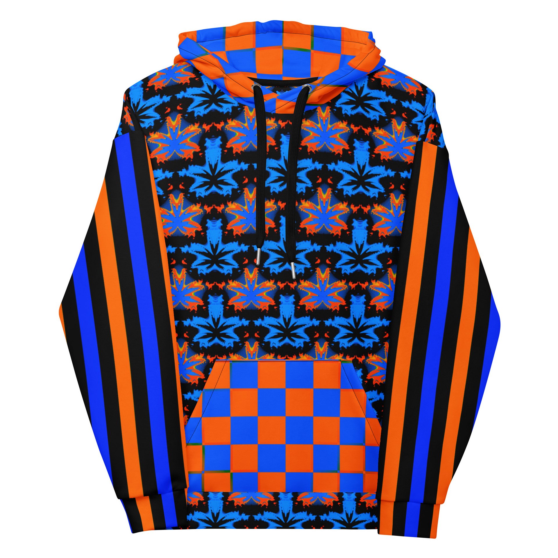 Blue Orange Black Cannabis Art 420 Hoodie, Checker Circus Stripe Clowncore Fashion, Weed Leaf Fall Festival Wear, Retro Rave Stoner Clothing product image (2)