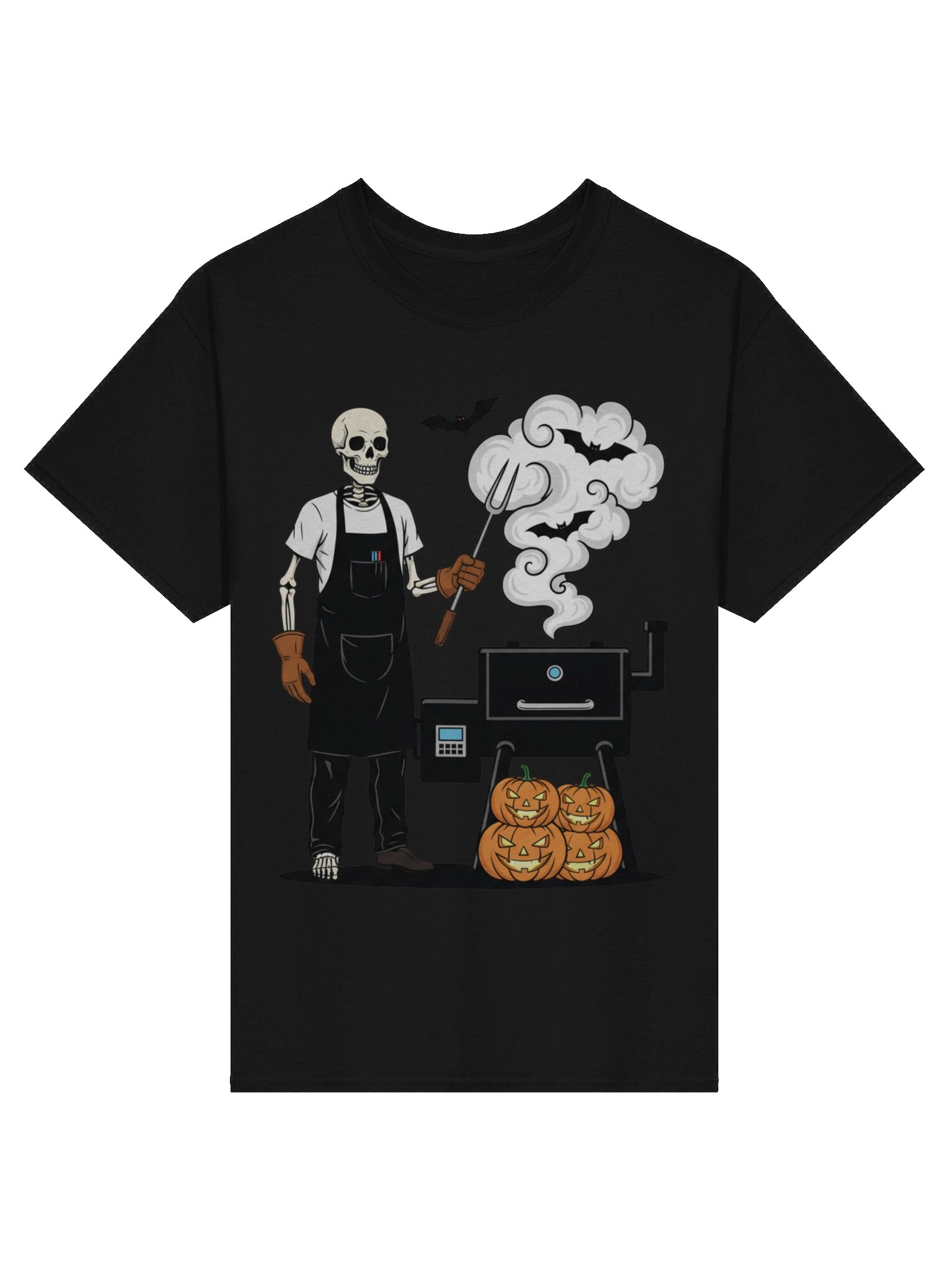 Kettle Bones tee: a minimalist skeleton leaning on an open kettle grill holding ribs in tongs