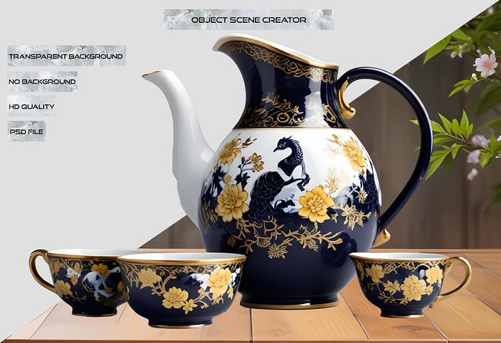 Chinese Porcelain Tea Set with Golden Peacock Motif PNG product image (2)