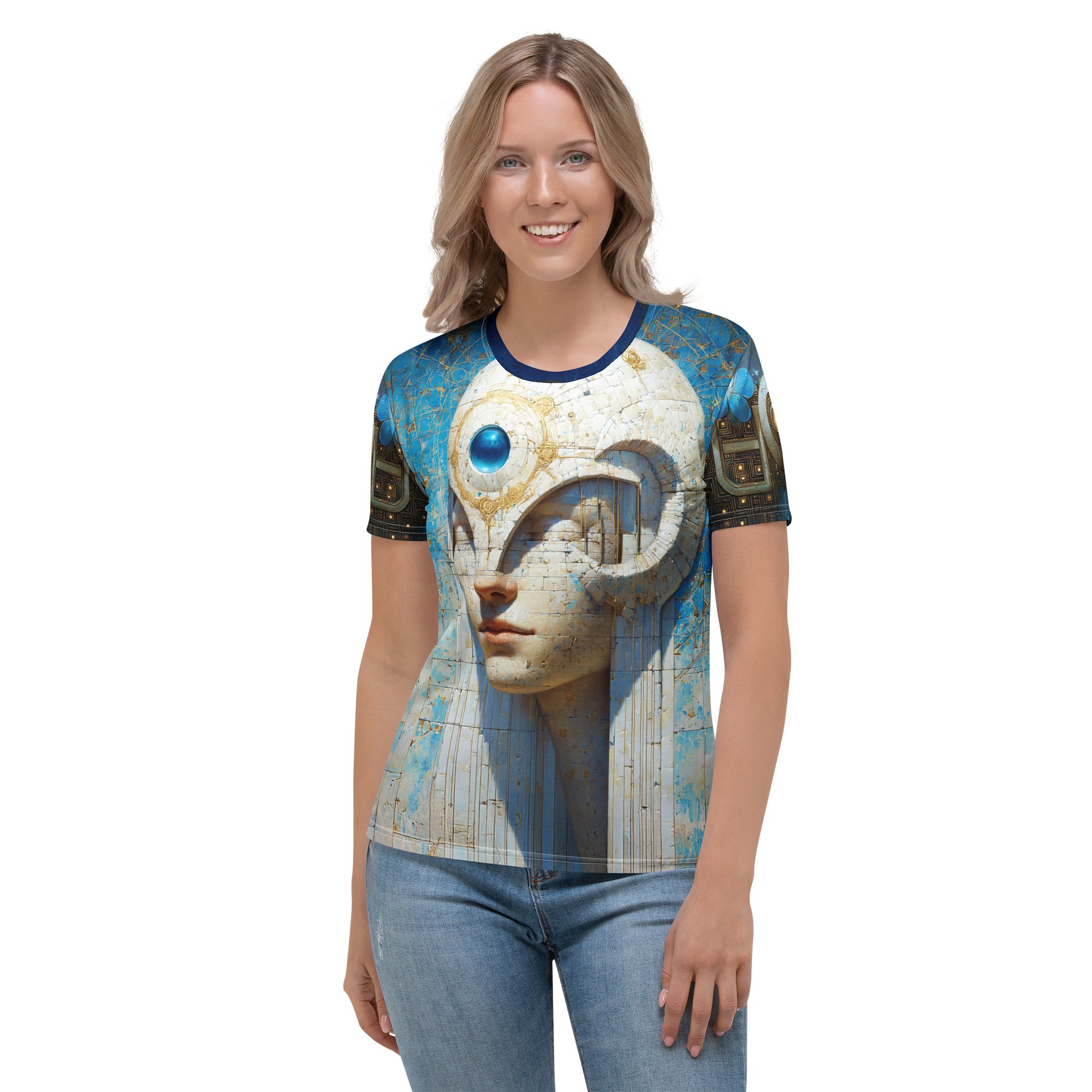 Vitruvian Custodian — Techno-Classical Relic Portrait T-Shirt | Ancient Circuit Figure in Blue & Stone product image (2)