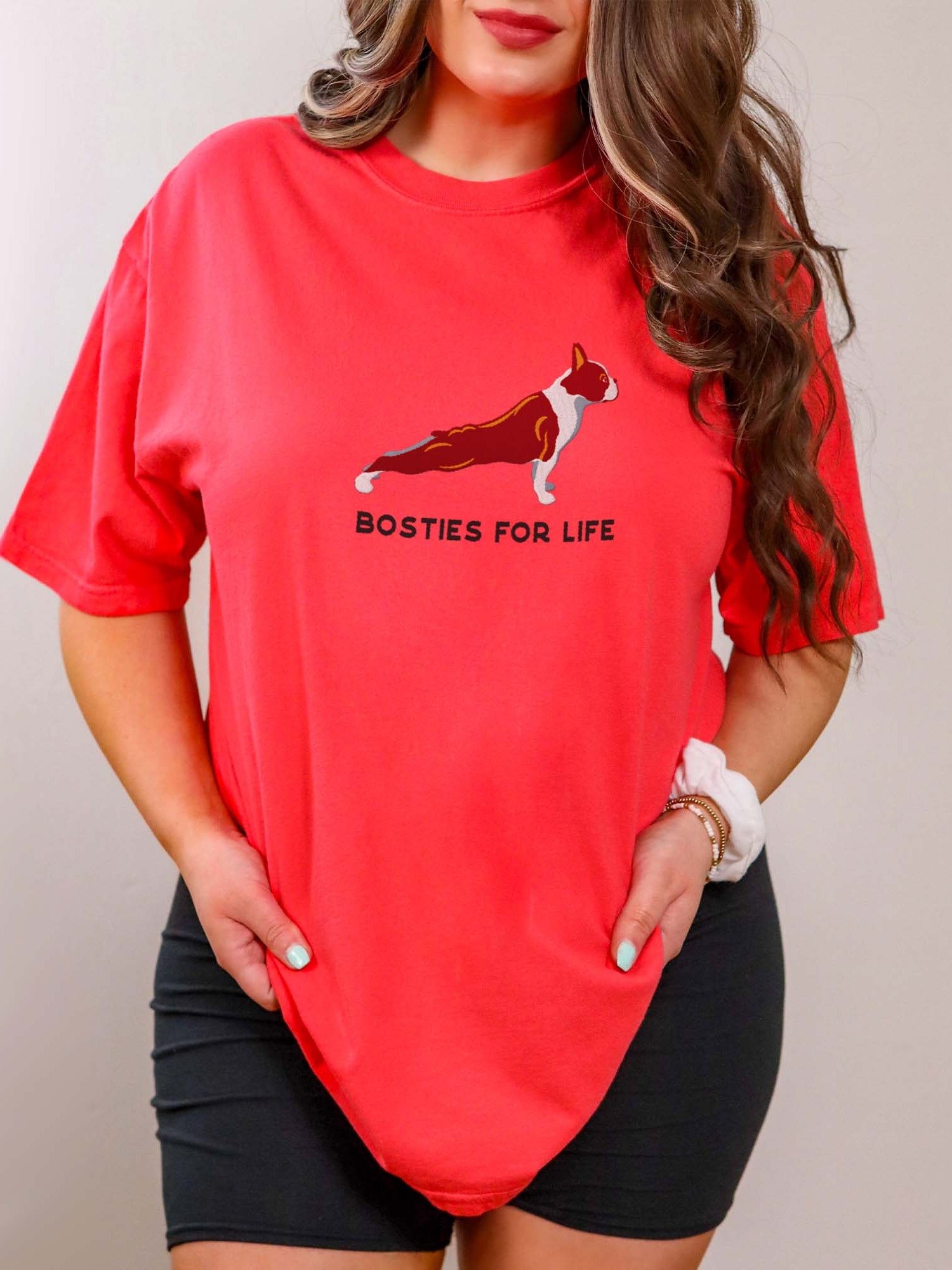 Bosties for Life T-Shirt(Embroidered) of a Boston Terrier(Red & White) product image (2)