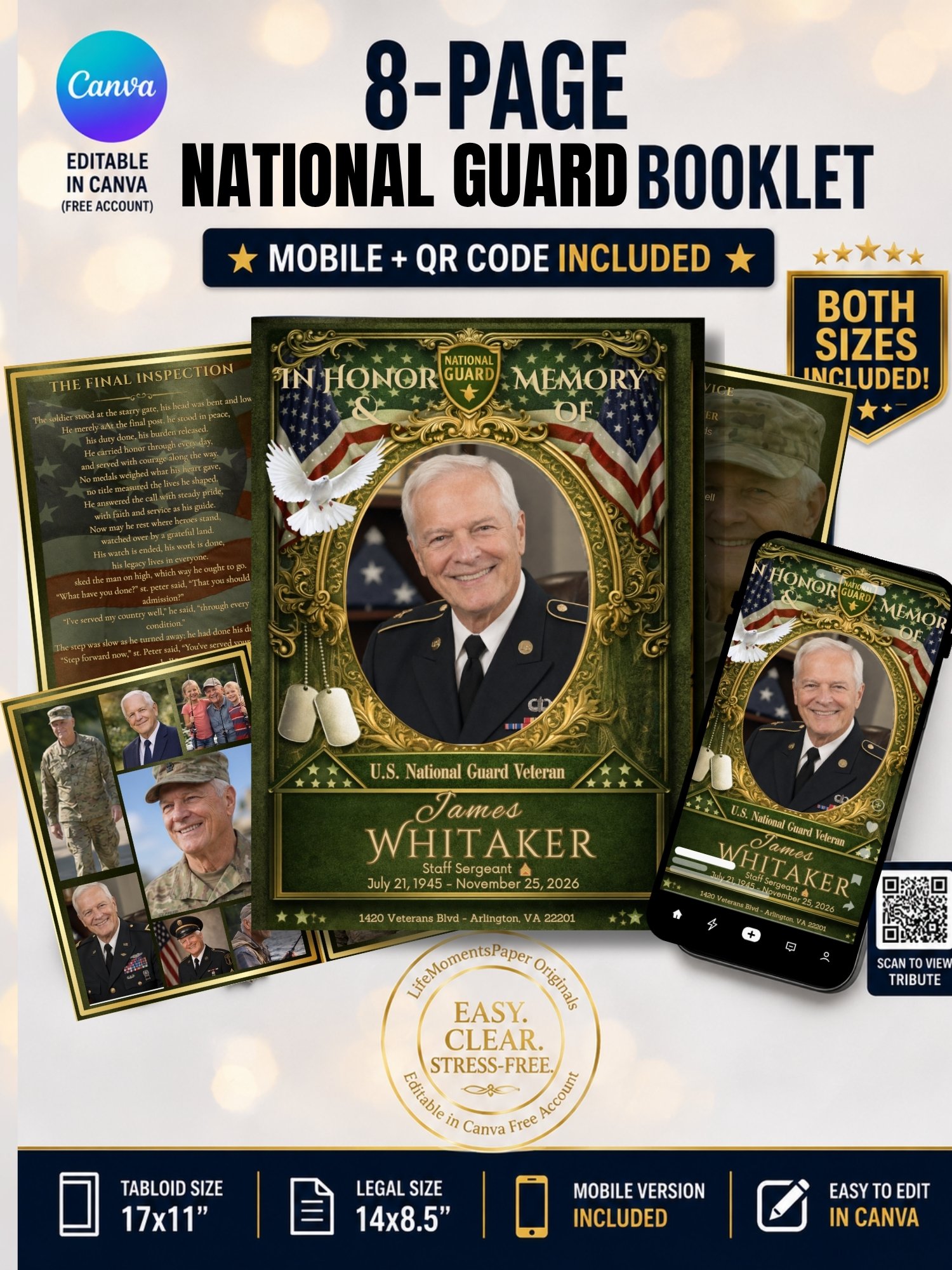 8-Page Army National Guard Funeral Program Template 17x11 & 14x8.5 with QR Code product image (1)