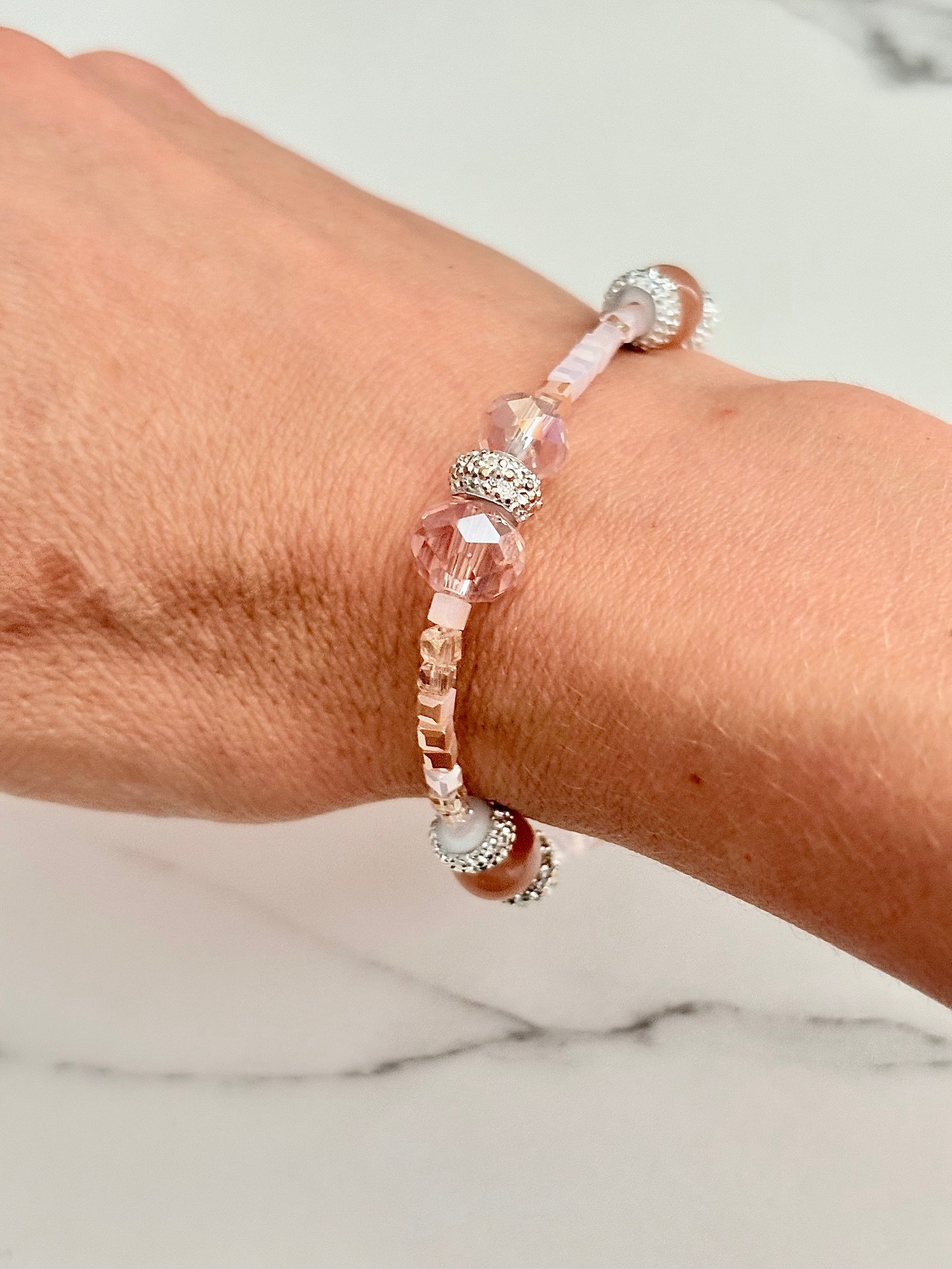 MFD-00053 | Blush Whisper | Faceted & Iridescent Bead stretch Bracelet with Lobster Clasp | Handmade 7.5" Coastal Charm | by Monique Faella Designs™ product image (4)