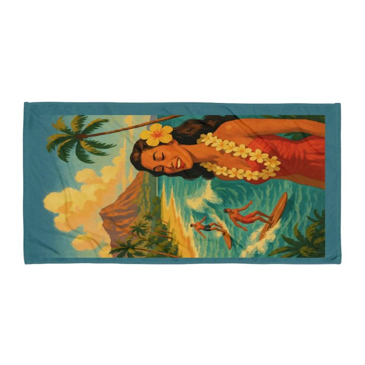 ISLAND ALOHA BEACH TOWEL – 30"x60", COTTON TERRY BACK, VINTAGE HAWAIIAN SURF PRINT product image (1)