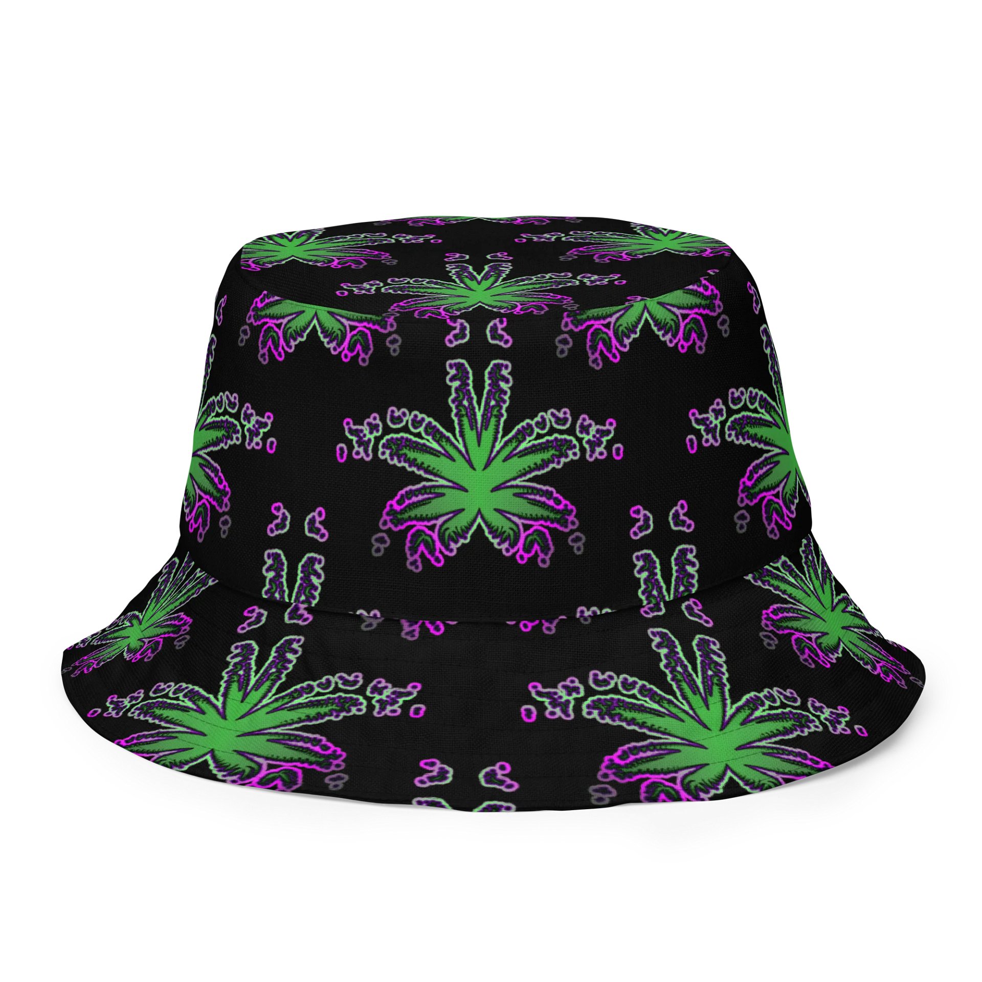 Green Purple Pot Leaf Pattern Reversible Bucket Hat, Cannabis Summertime 420 Fashion Accessory product image (1)